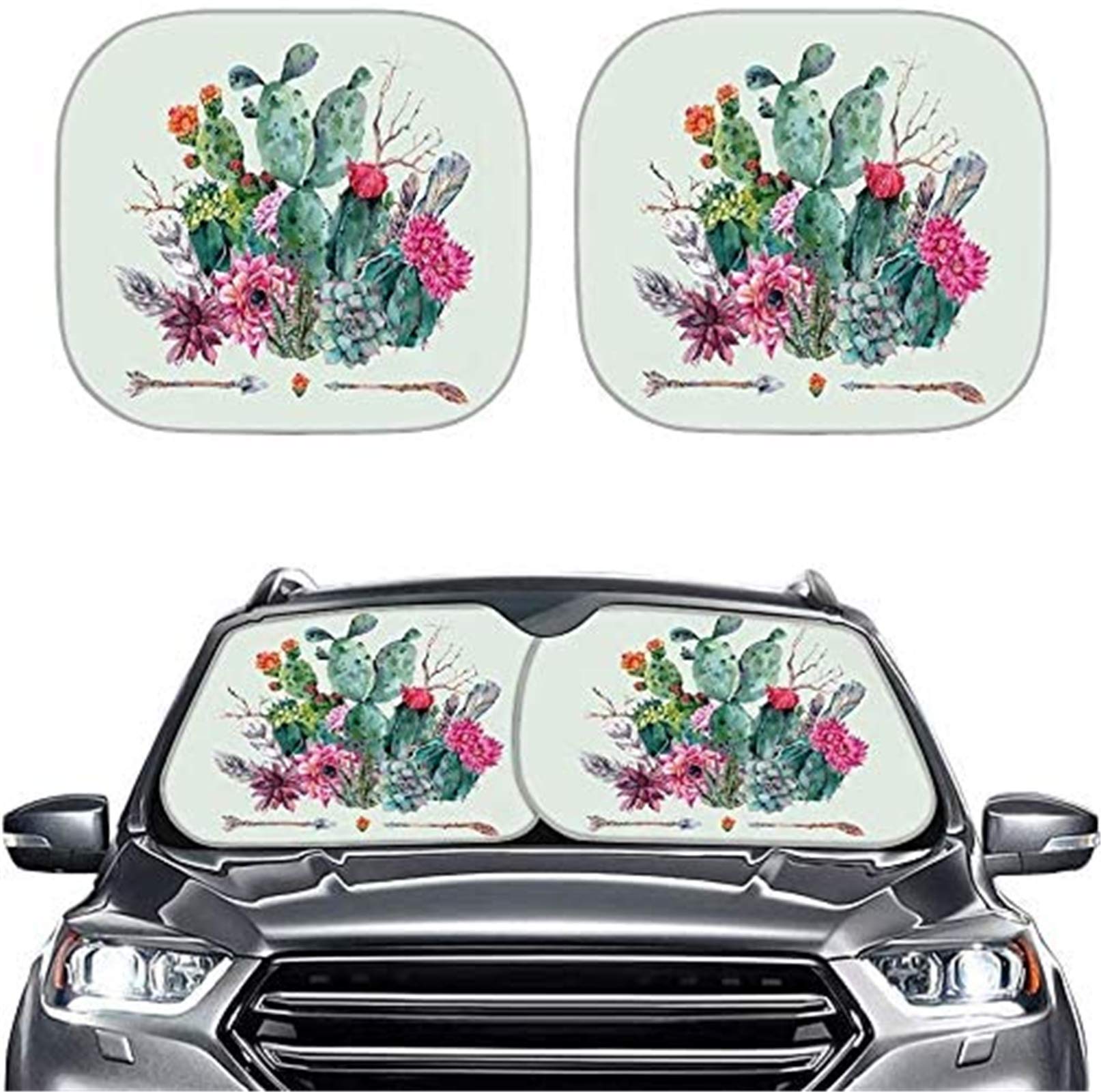COEQINE 2-Piece Car Windshield Sunshade - Hawaiian Cactus Print Universal Sun Visor for Heat Protection | Keep Your Vehicle Cool | Perfect for Summer Road Trips & Parking