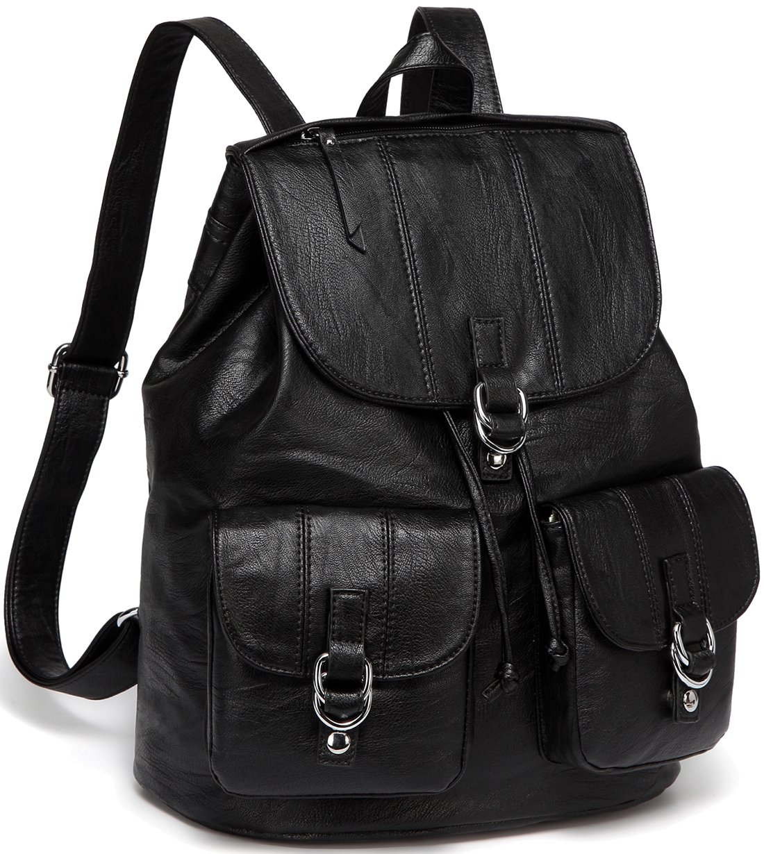 VASCHY Women's Faux Leather Backpack Purse with Buckle Flap & Drawstring Closure, Stylish College Backpack with Two Front Pockets - Black | Perfect for School, Travel & Everyday Use