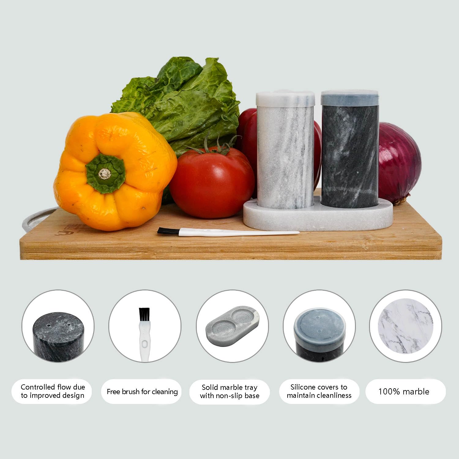 Premium Marble Salt and Pepper Shaker Set - Elegant Black & White Natural Marble with Matching Tray, Silicone Lids & Cleaning Brush - Luxury Kitchen Decor & Housewarming Gift for Dining Table, Kitchen Counter, and Wedding Registry