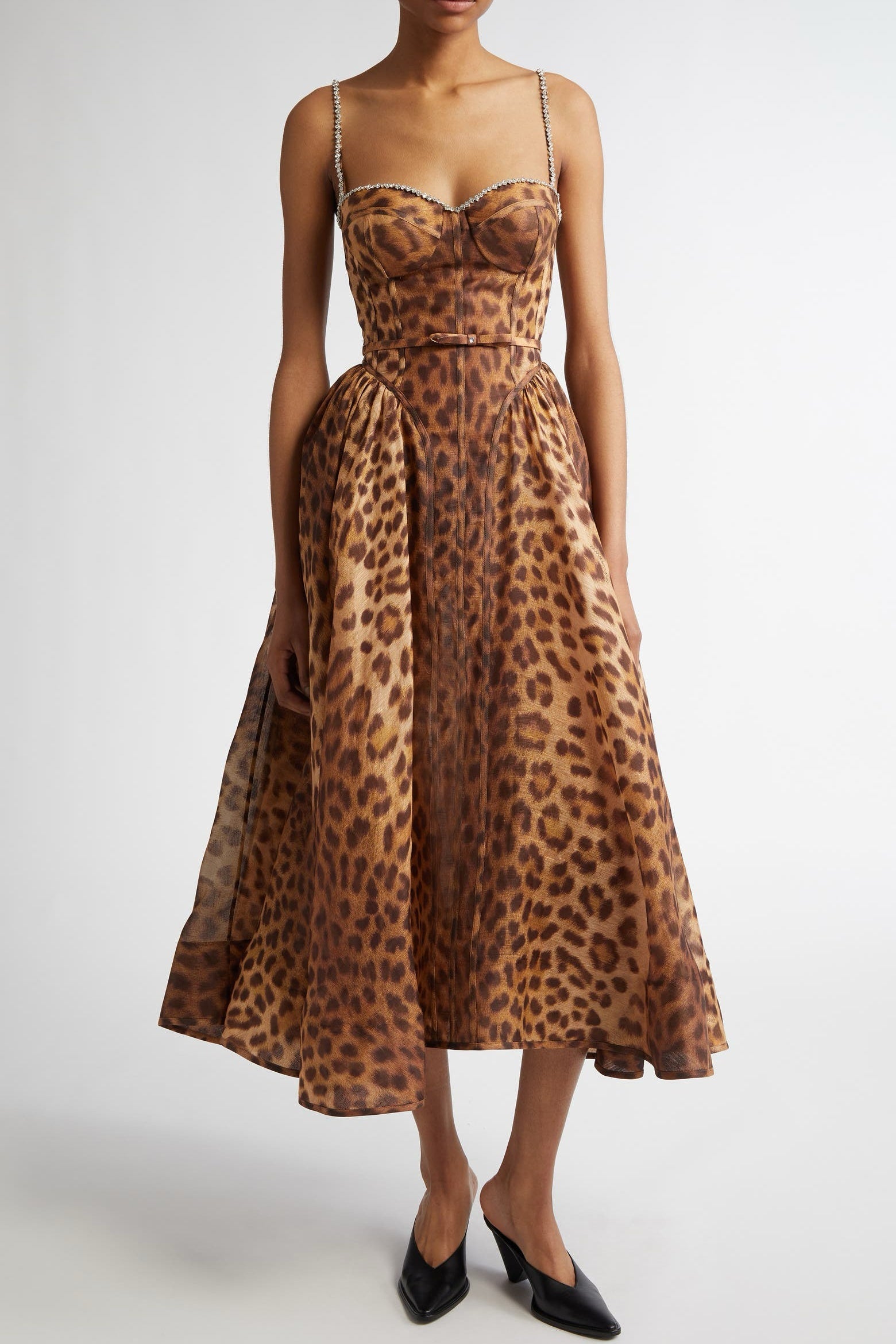 Alainy Leopard Print Crystal Embellished Belted Midi Dress for Women - Elegant Party & Evening Wear