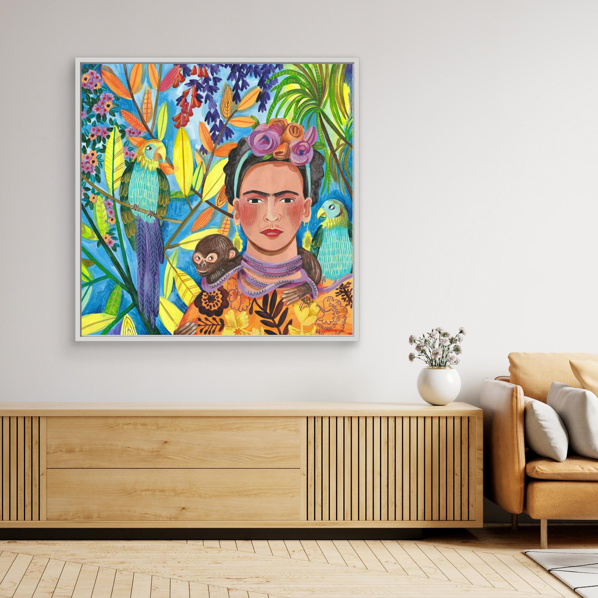 Frida and Her Parrots Canvas Print by Caroline Bonne Müller - Vibrant Wall Art for Living Room, Bedroom & Office Decor