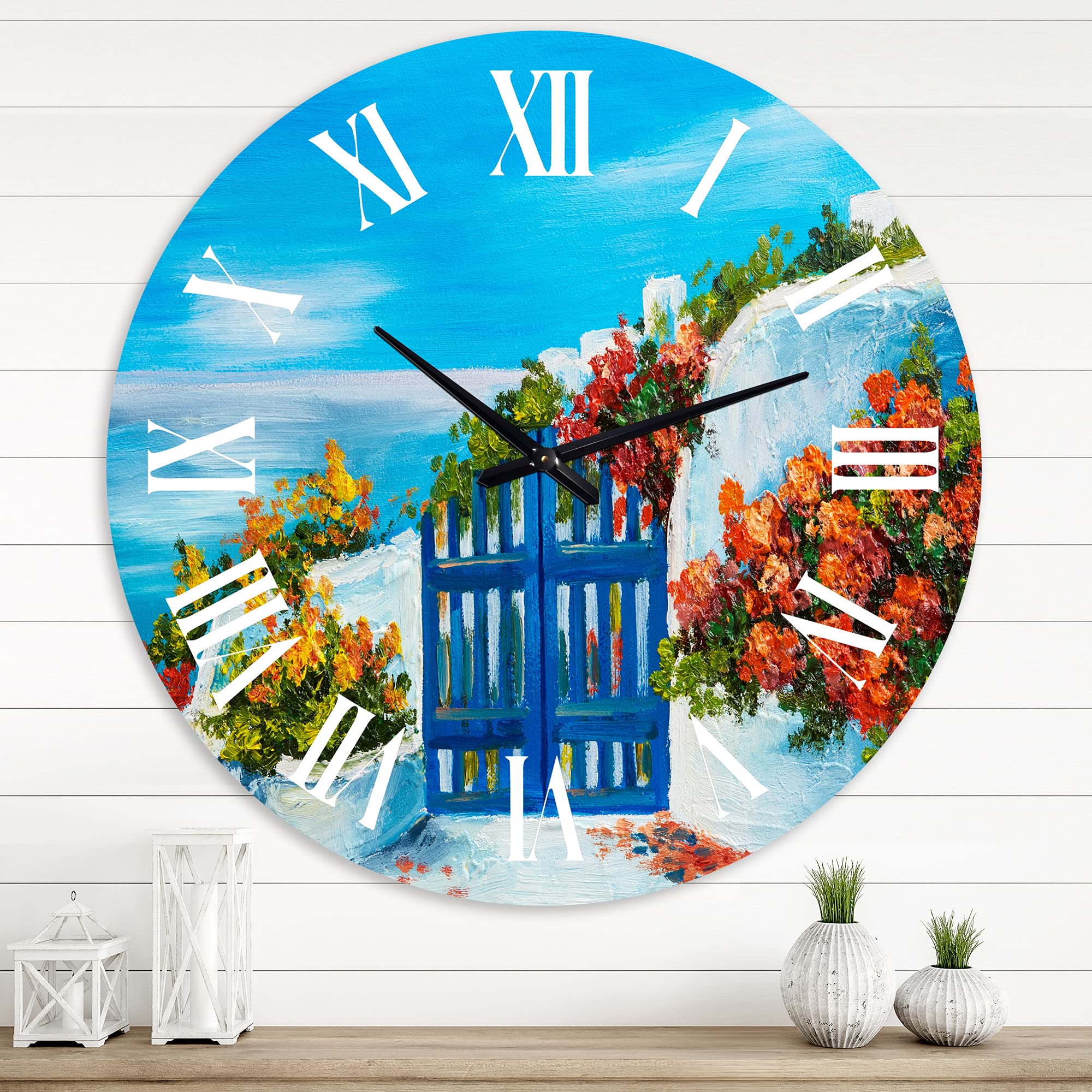 Nautical Coastal Wall Clock - 'House Near The Sea with Colorful Flowers' Blue Round Clock for Kitchen, Living Room, Bedroom & Office Decor | Perfect Beach House & Coastal Style Home Décor