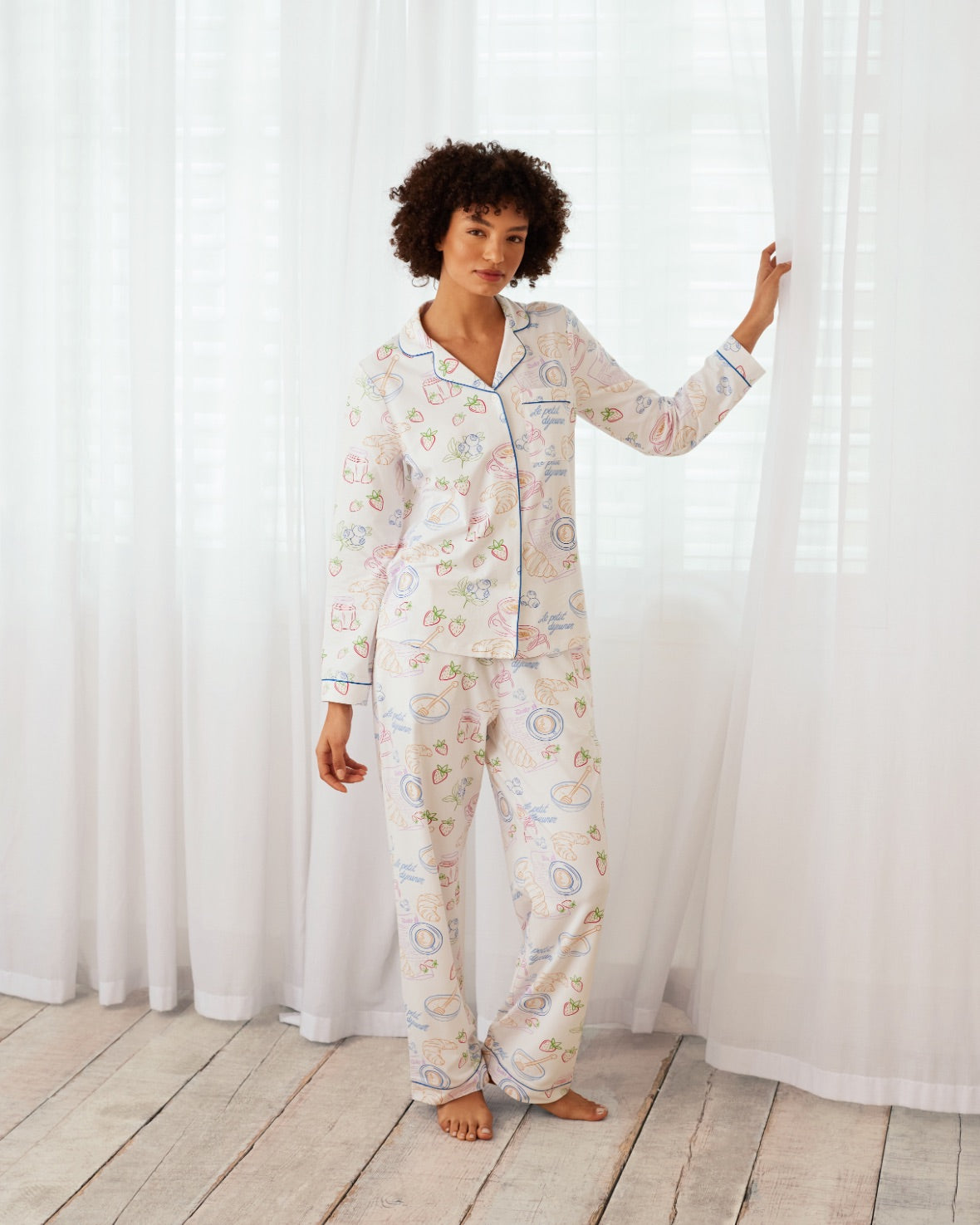 Organic Cotton Breakfast Print Long Sleeve Pajama Set for Women - Cozy & Comfortable Sleepwear for Nighttime Relaxation & Lounging