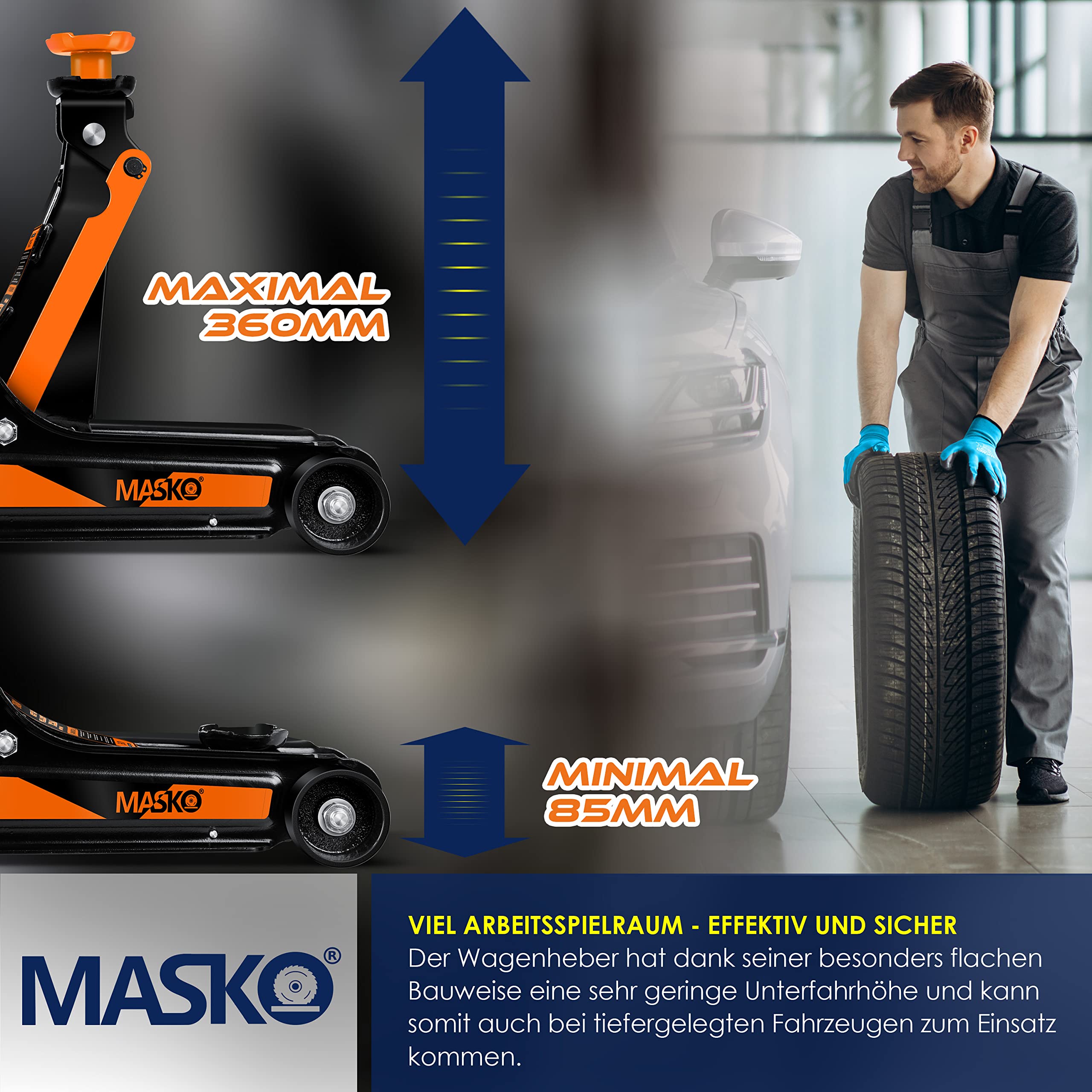 MASKO® 2.5 Ton Hydraulic Floor Jack with Case - 85-360mm Lift Height, Includes 3X Rubber Pads & Gloves - 360° Swivel Wheels Car Jack for Vehicle Maintenance, Tire Change, Garage Use