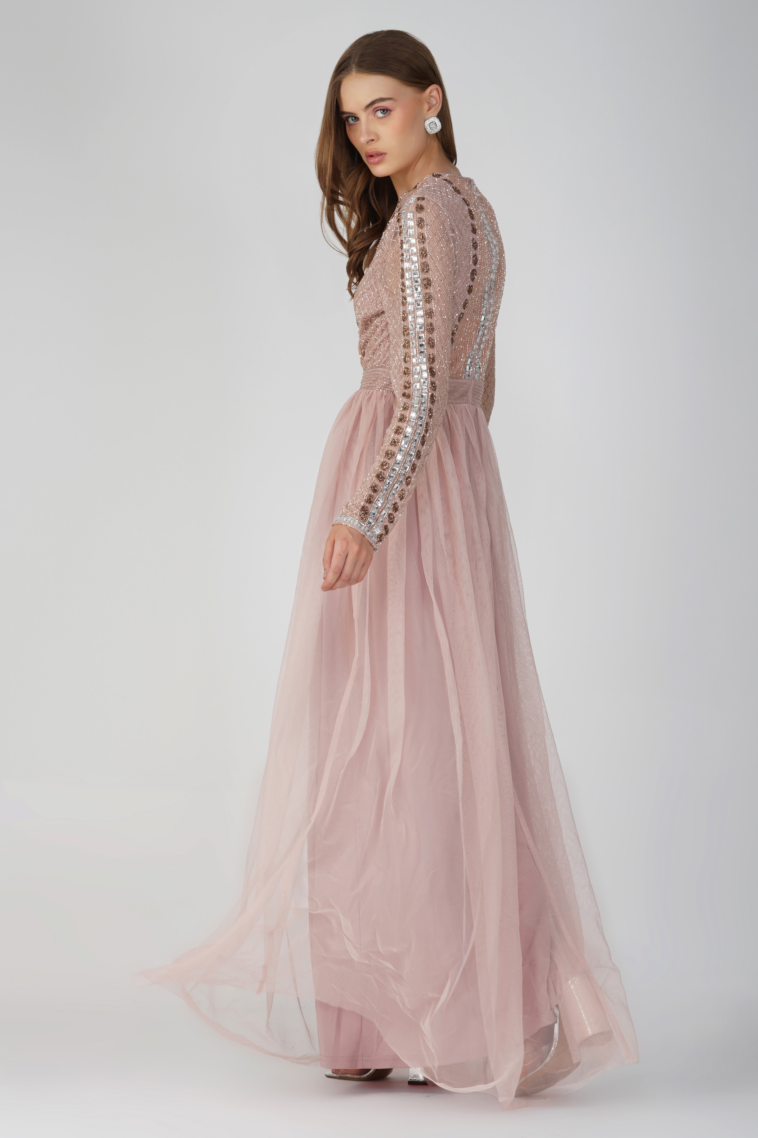 Melinda Long Sleeve Embellished Maxi Dress in Blush Pink - Elegant Evening Gown for Weddings, Parties & Special Occasions | Women's Formal Dress with Floral Embroidery