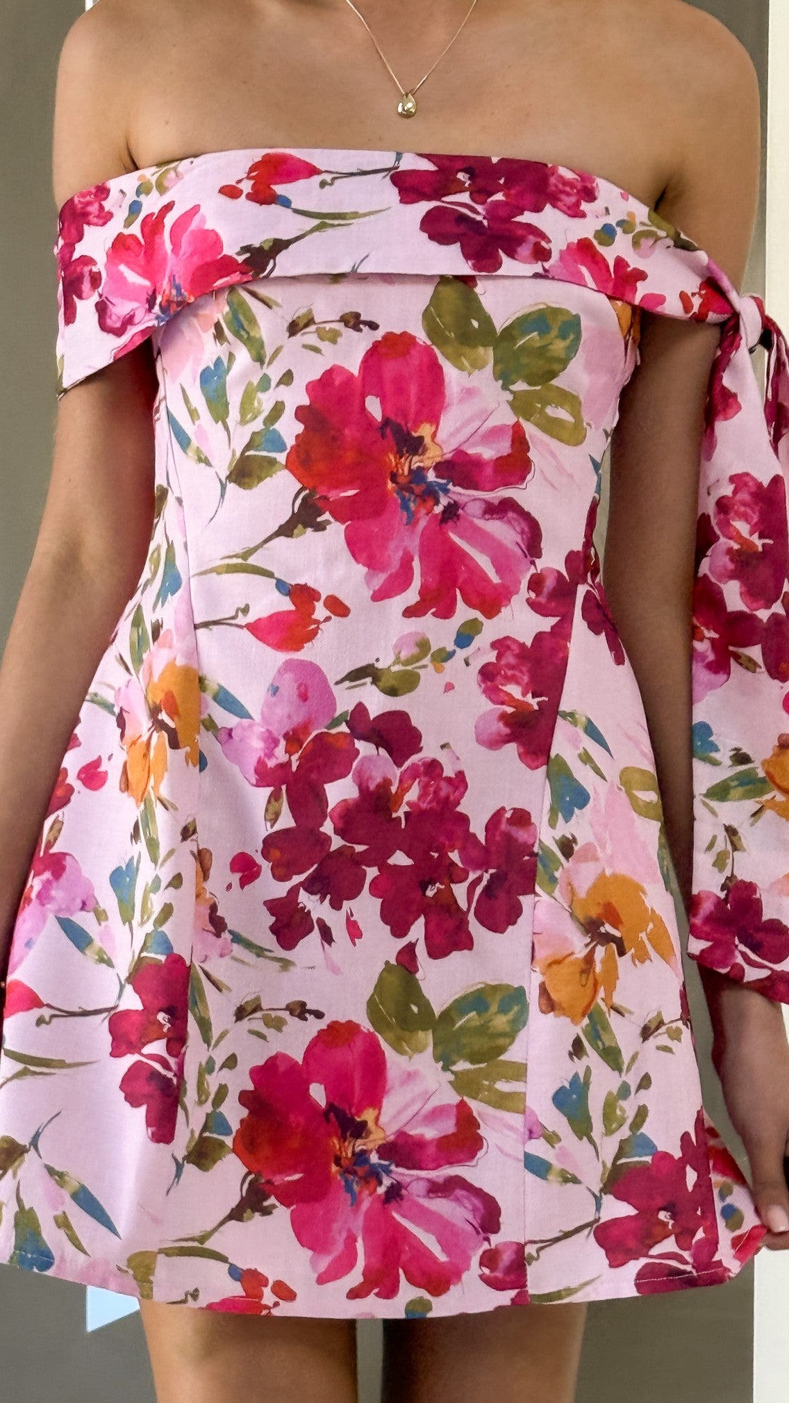 Halen Off Shoulder Mini Dress - Floral Print Summer Party Dress for Women, Pink Floral Sundress for Beach Vacation, Date Night, and Casual Outings