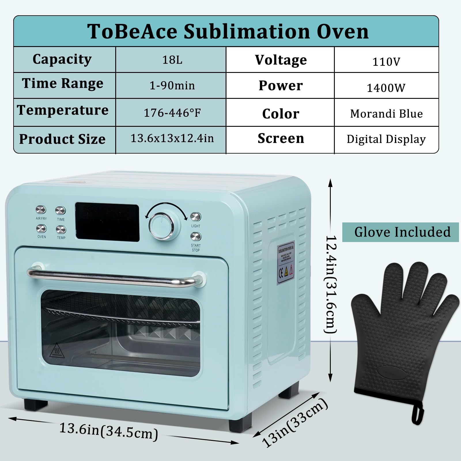 **16L 110V 1400W Sublimation Oven with Digital Display – Convection Heat for T-Shirts, Tumblers, Mugs & Water Bottles – Perfect for DIY Craft & Bulk Sublimation Transfer (Morandi Blue, Includes Glove)**    *(Use Cases: Ideal for small businesses, crafters, and hobbyists creating custom sublimation designs on apparel, drinkware, and promotional items.)*