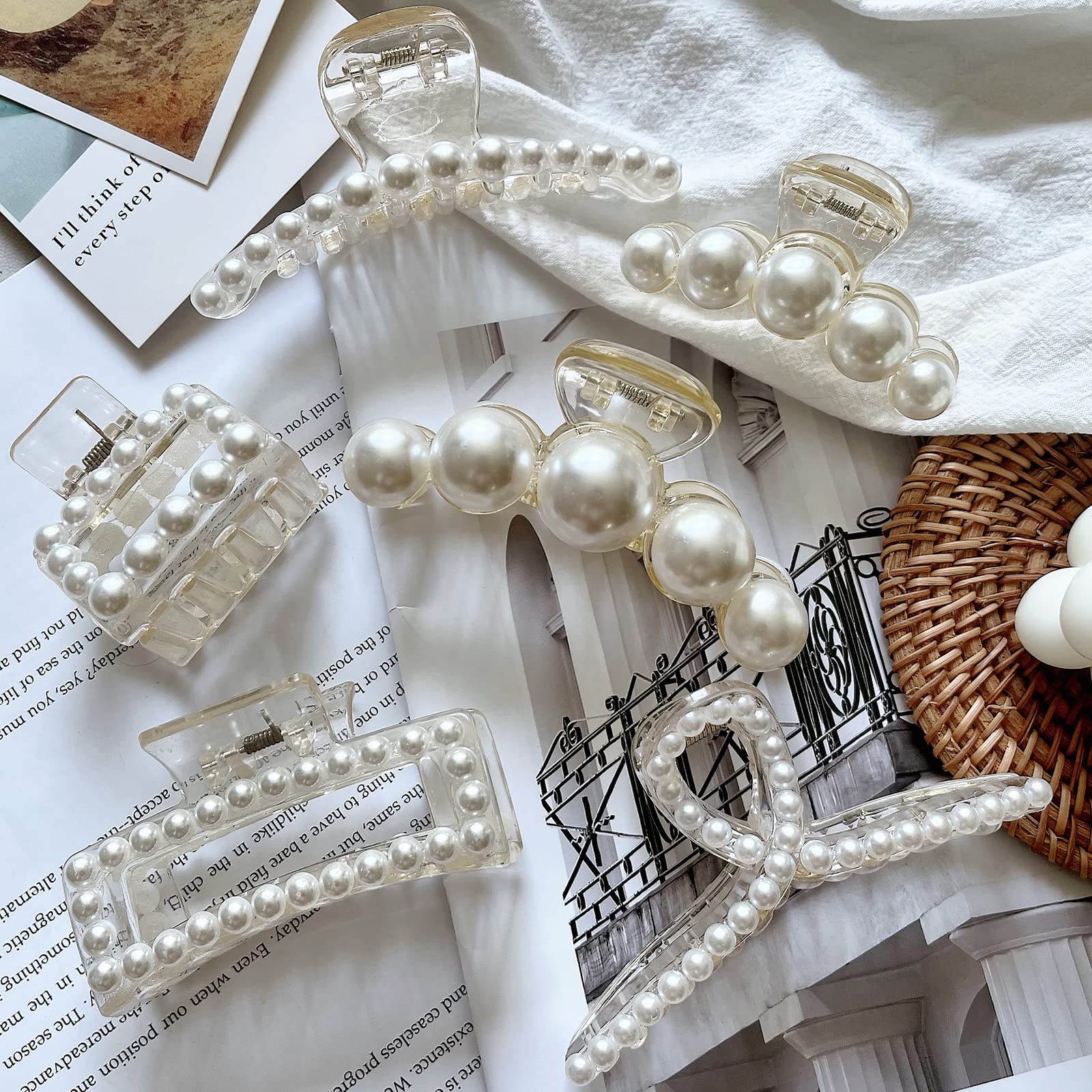 6 Pcs Large Pearl Claw Clips for Thick Hair - Non-Slip Jaw Clips for Wedding, Prom & Special Occasions - Elegant Hair Accessories for Women & Girls (White) - Perfect for Updos, Half-Up Styles & Everyday Wear
