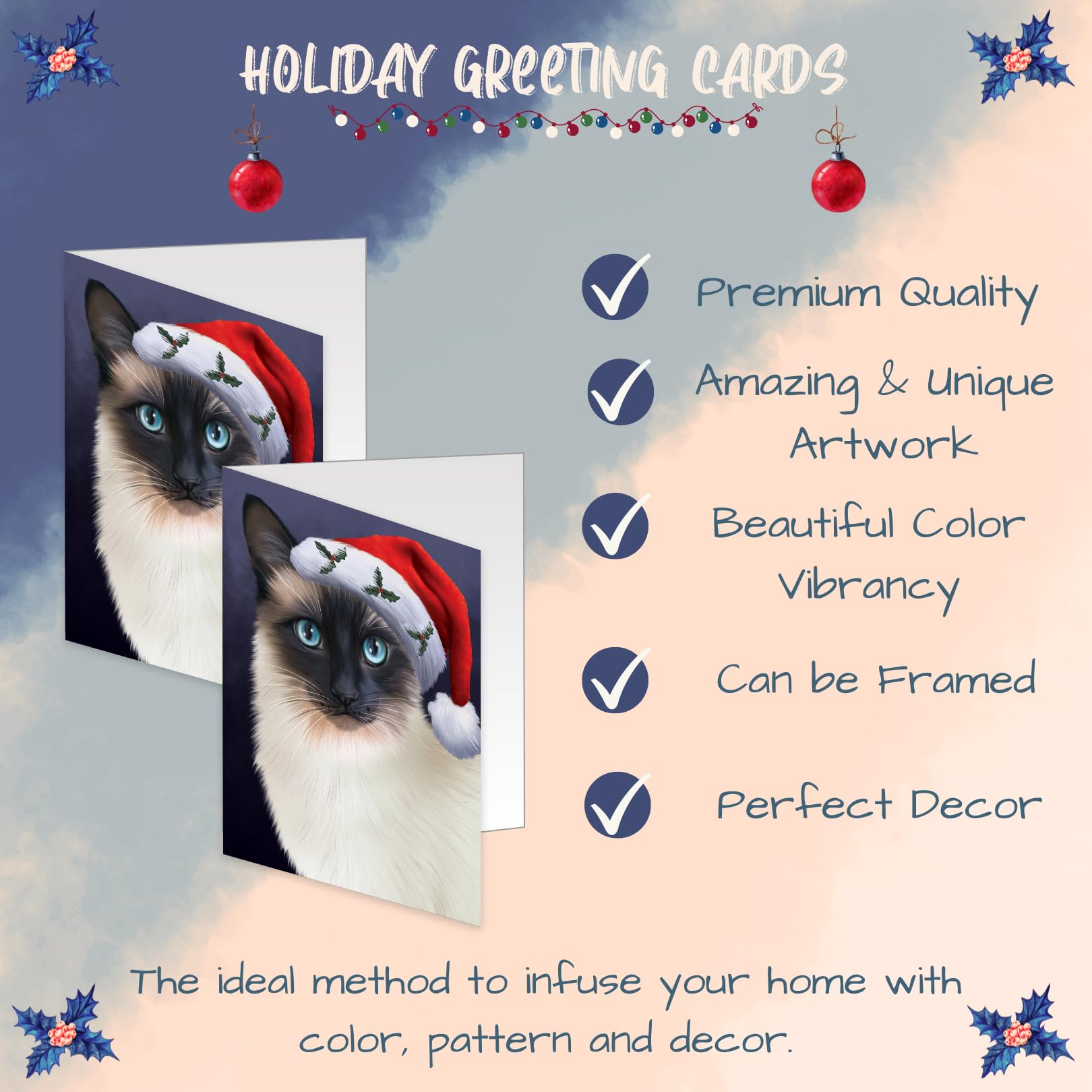 Christmas Santa Hat Wearing Siamese Cat Greeting Cards - 10 Adorable Pet Holiday Cards with Envelopes - Cute Cat Christmas Invitations for Pet Lovers - Perfect for Holiday Parties, Gift Exchanges & Festive Greetings