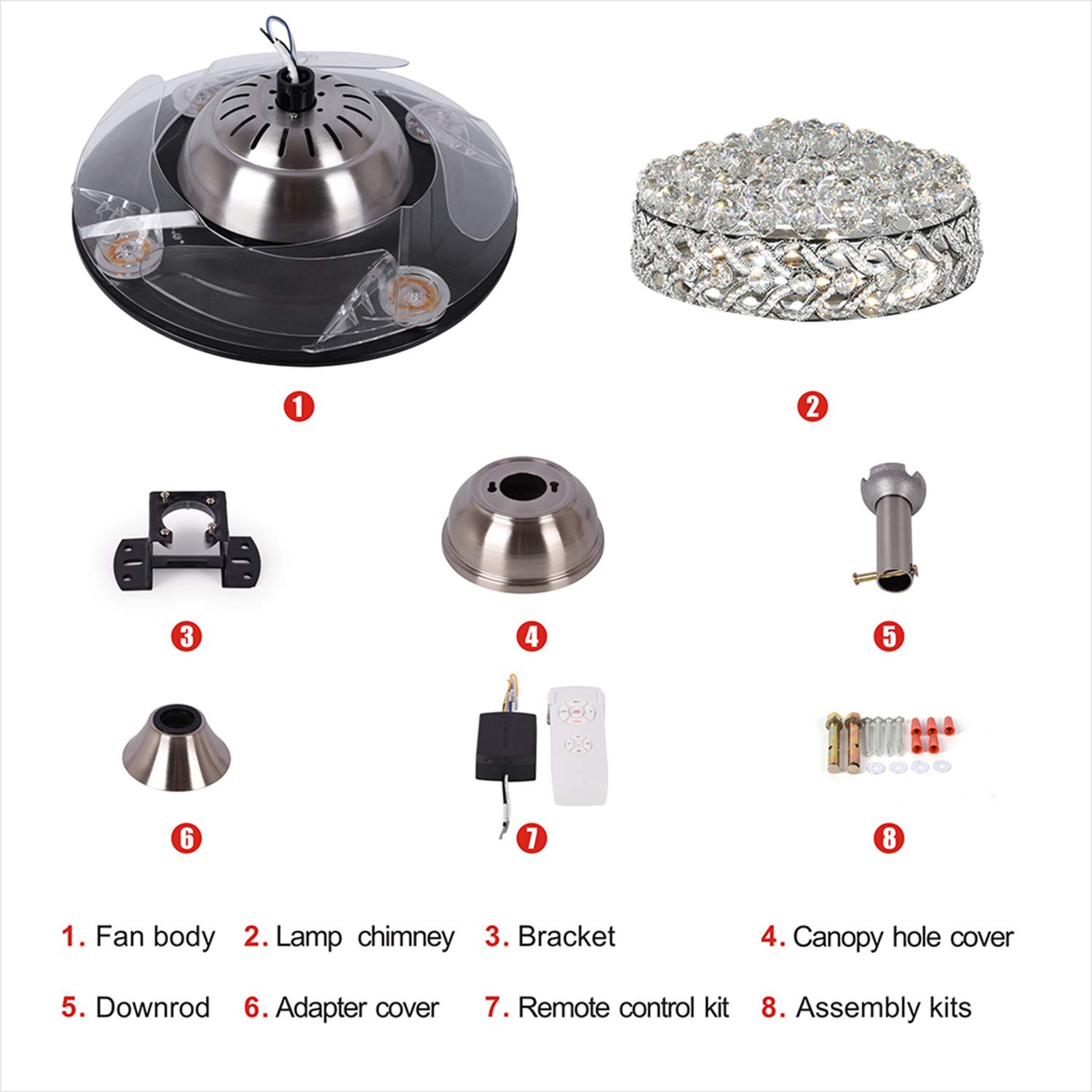 42 Inch Modern Silver LED Ceiling Fan Chandelier with Crystal, Remote Control & Dimmable Lights - Silent Retractable Invisible Fan for Dining Room, Living Room & Bedroom