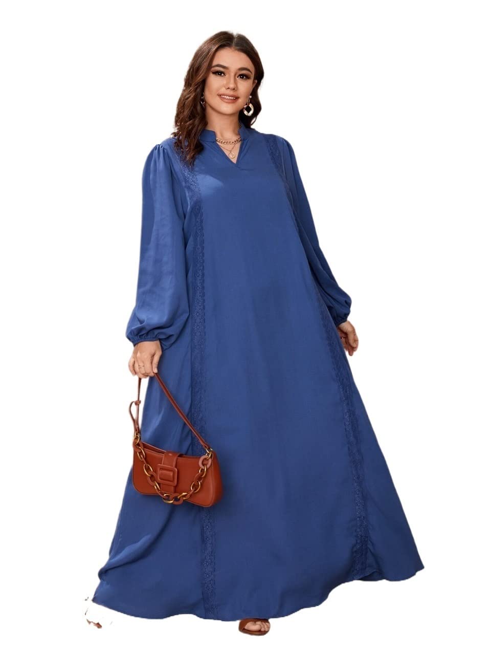 INOUJEKER Plus Size Women's Lantern Sleeve Wired Dress - Royal Blue, Large | Elegant Formal & Party Wear for Curvy Women