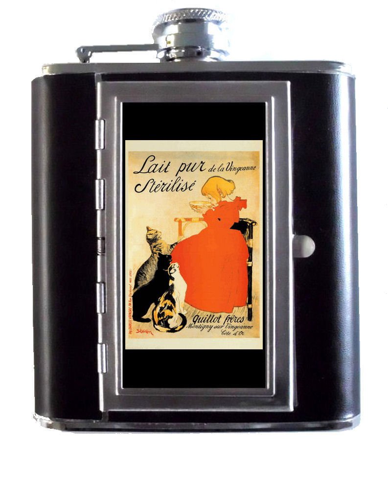 Vintage French Milk Ad Cats 5oz Stainless Steel & Leather Hip Flask with Built-In Cigarette Case - Perfect for Outdoor Adventures, Parties & Gifts