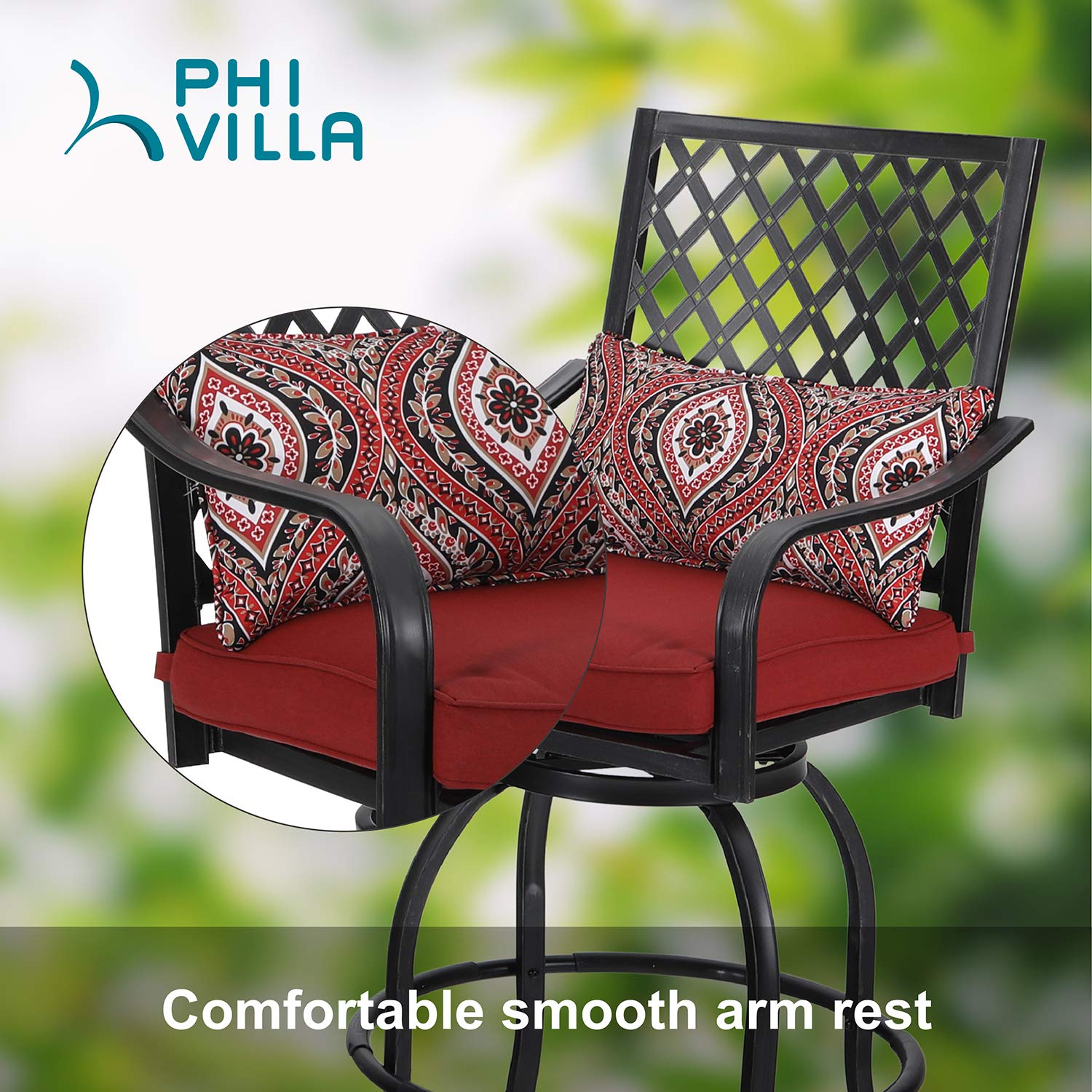 PHI VILLA 4-Piece Outdoor Swivel Bar Stool Set - All-Weather Metal Bar Height Patio Chairs with Cushions & Armrests - Red Garden Furniture for Backyard, Poolside & Bistro Dining