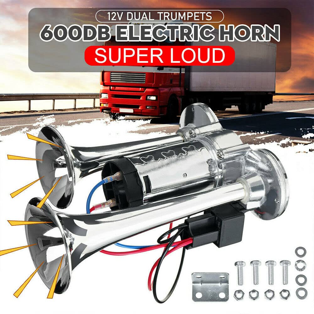12V 600DB Super Loud Dual Trumpet Air Horn Kit with Compressor - Universal for Trucks, Boats, Lorries & 12V Vehicles | Train-Like Sound for Emergency Alerts & Safety Warnings