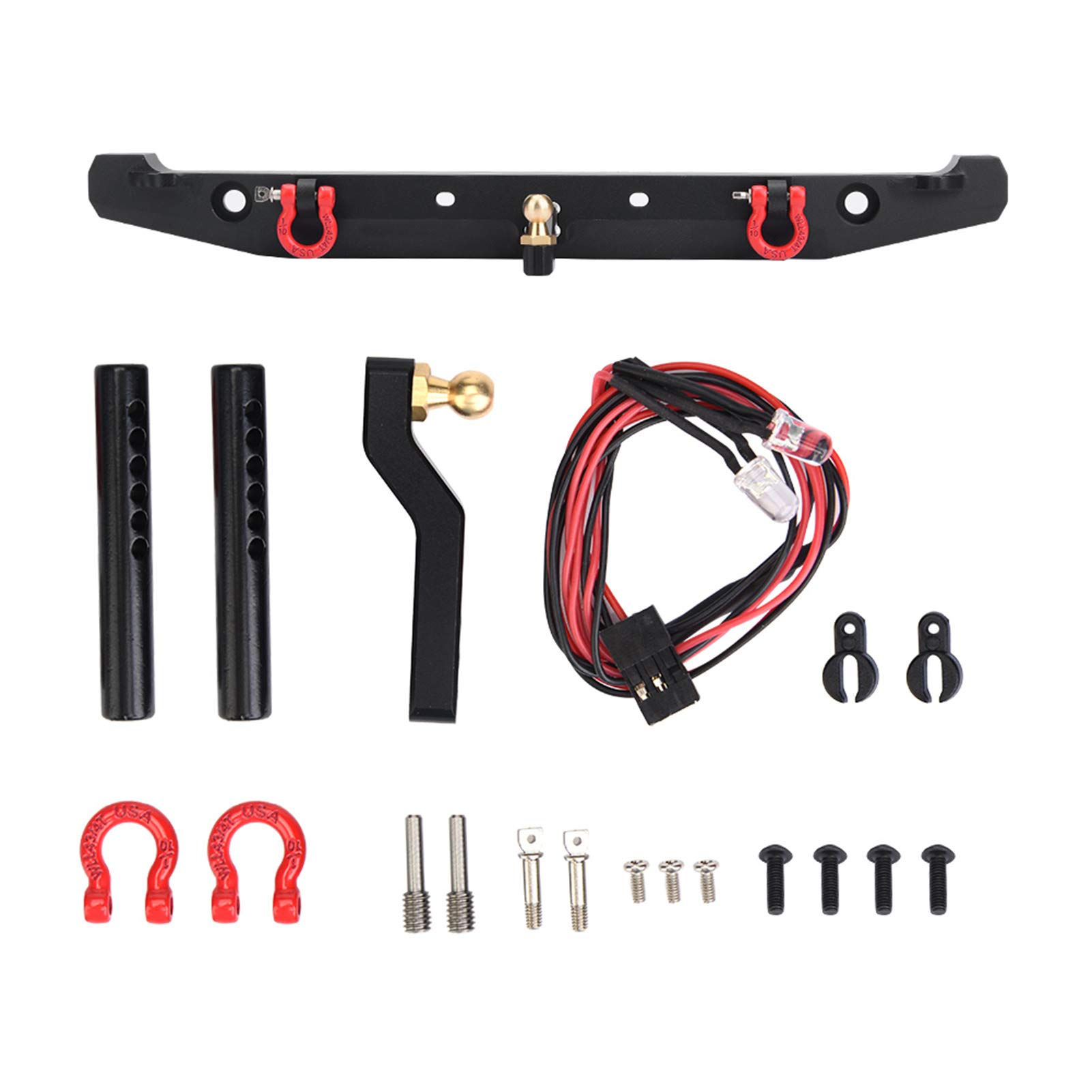 SCX10II 90046 RC Crawler Metal Front & Rear Bumper with LED Lights & Tow Hitch Shackles - Durable Off-Road Accessory for Remote Control Cars - Perfect for Rock Crawling & Trail Adventures