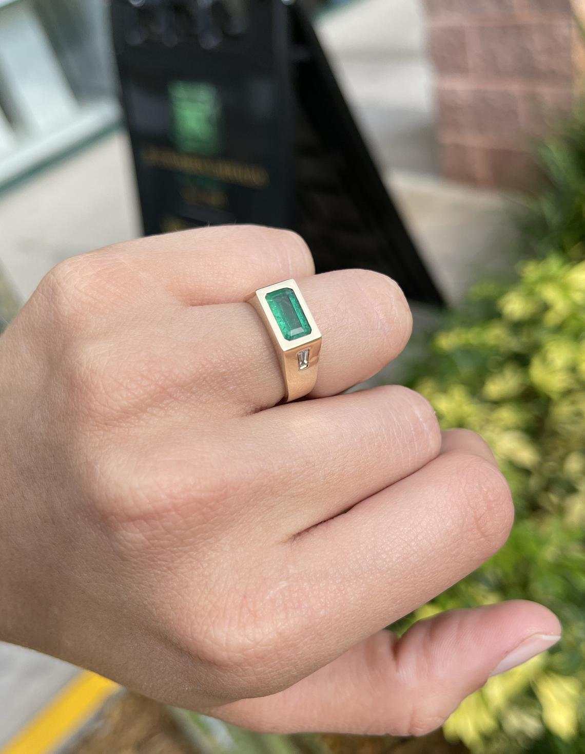 2.0 TCW Three Stone Emerald & Tapered Baguette Diamond Gypsy Ring in 14K Gold - Elegant Wedding Band, Anniversary Gift for Her, Vintage Inspired Jewelry