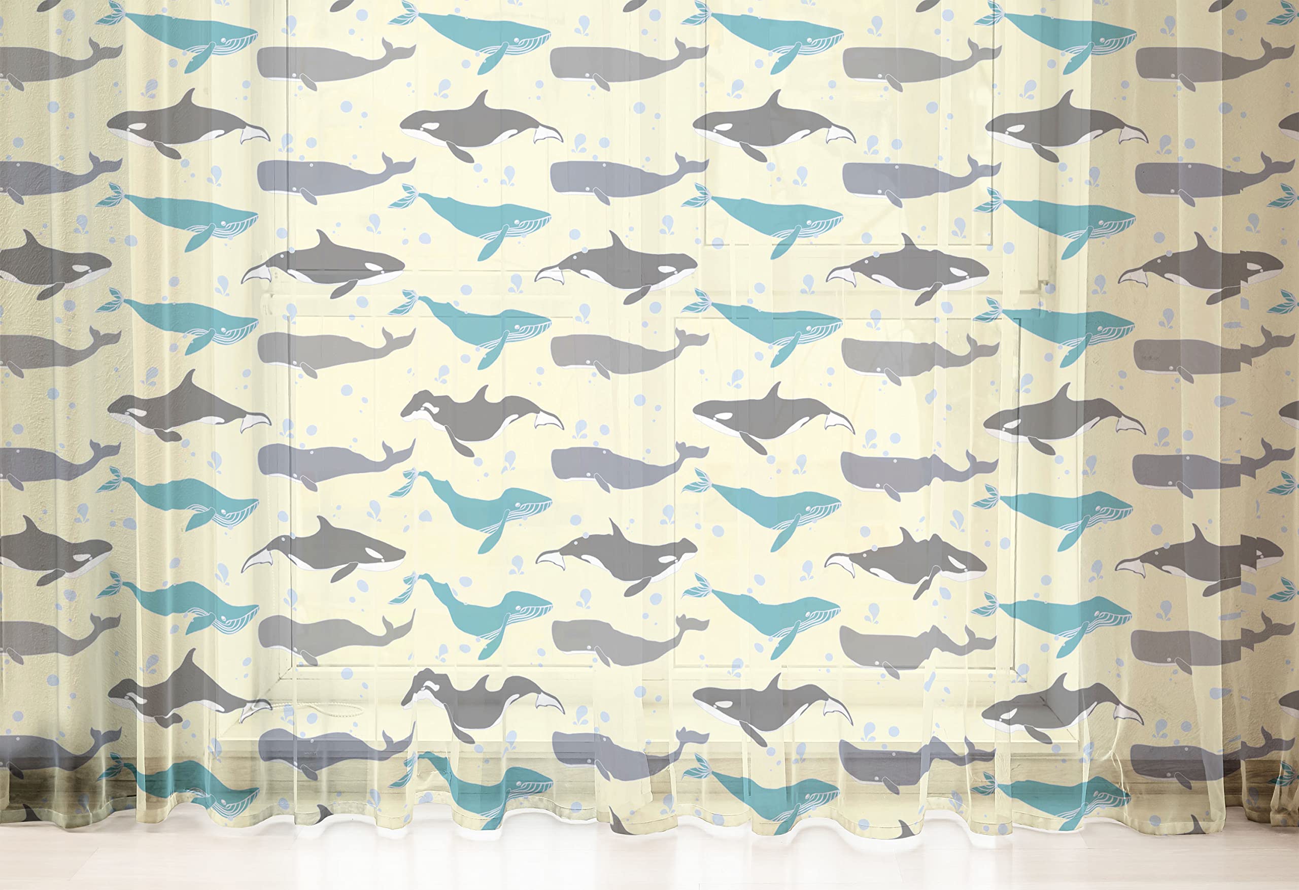 Ambesonne Whale Tulle Curtains - Ocean Wildlife Design with Swimming Mammals & Yellow Backdrop, Sheer Window Drapes for Living Room, Bedroom, or Wedding Decor (2 Panels, 108