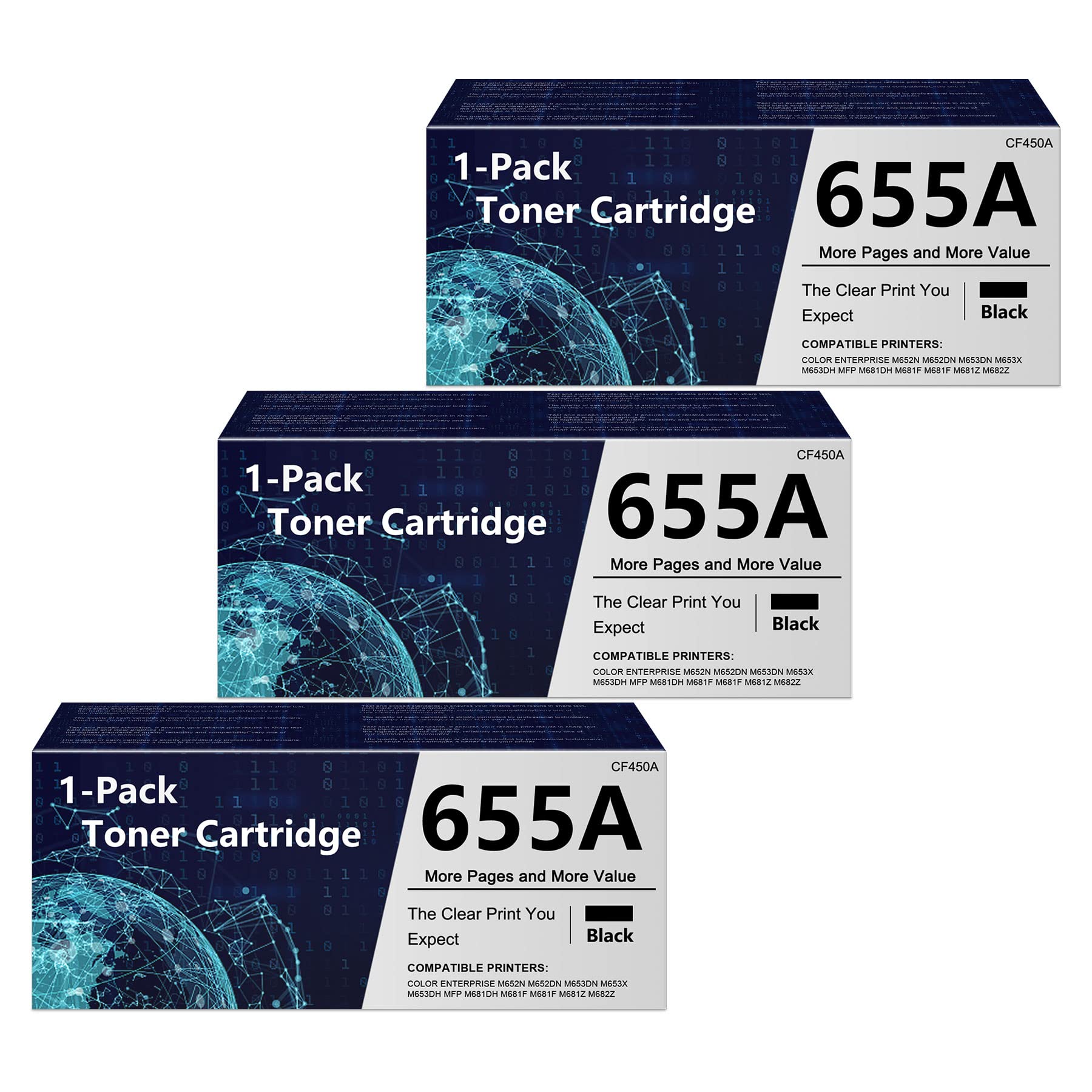 ZEOSEROE 3 Pack Black 655A CF450A 656X High Yield Toner Cartridge - Compatible Replacement for HP Color Enterprise M652n/M652dn/M653dn/M653x/M653dh/MFP M681dh/M681f/M681z/M682z Printers - Ideal for Office Printing & High Volume Documents