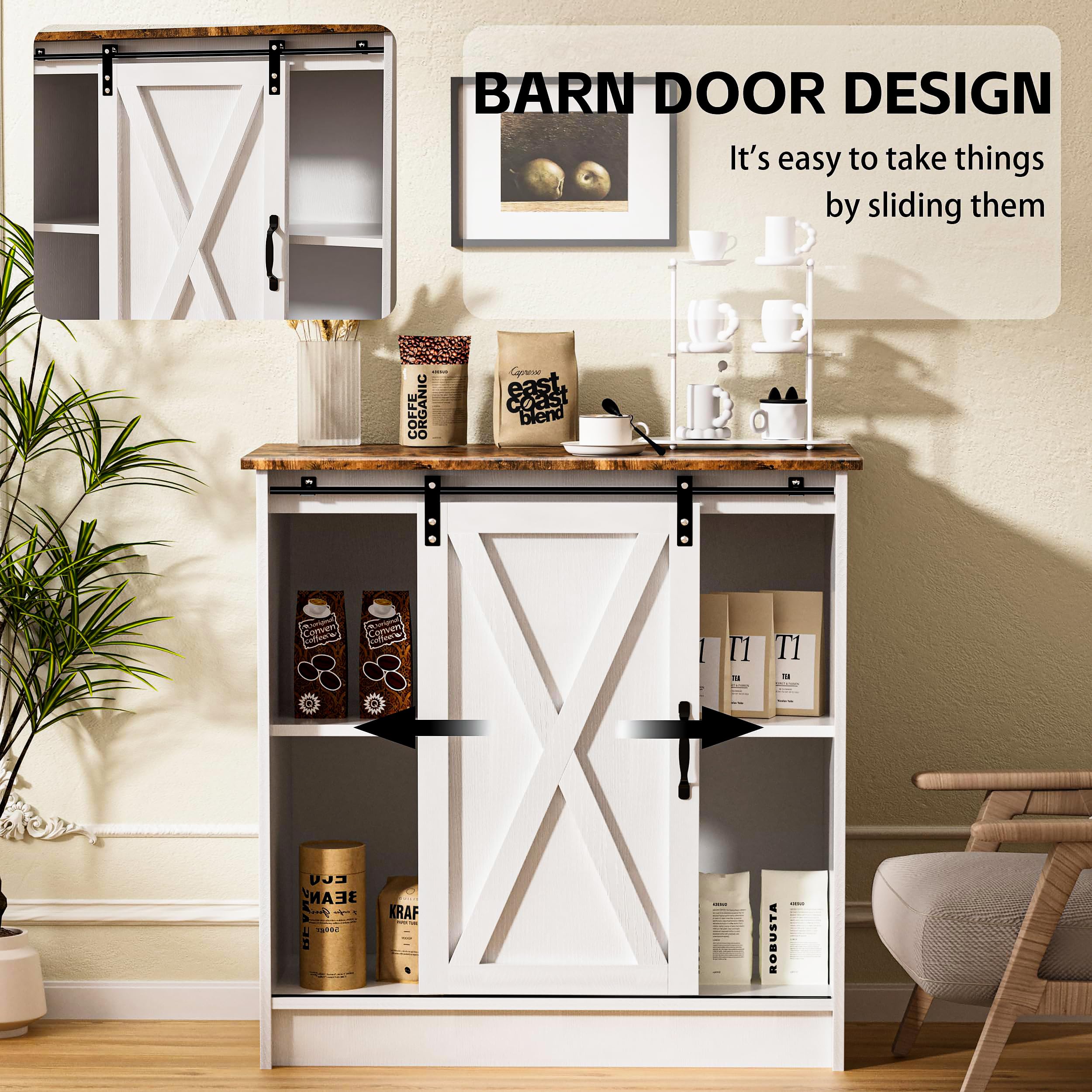 White Coffee Bar Cabinet with Storage - Farmhouse Style Coffee Bar Table with Sliding Barn Door - Perfect for Kitchen, Dining Room & Living Room - Organize Coffee Mugs, Wine Bottles & Kitchen Essentials