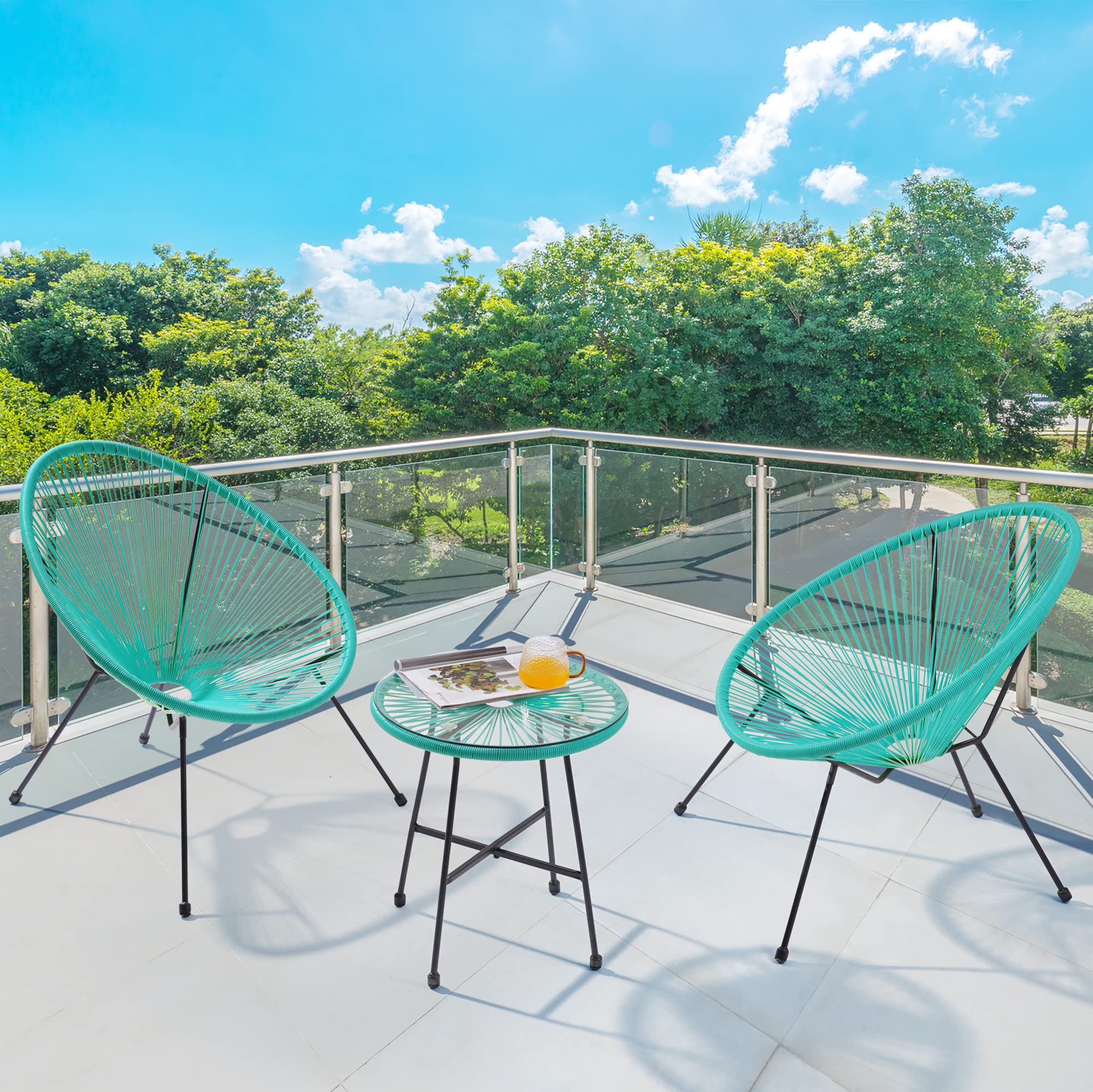 3-Piece Acapulco Patio Furniture Set with Glass Top Table & 2 Chairs - Indoor/Outdoor Seating in Lake Blue - Perfect for Poolside, Garden, and Backyard Relaxation