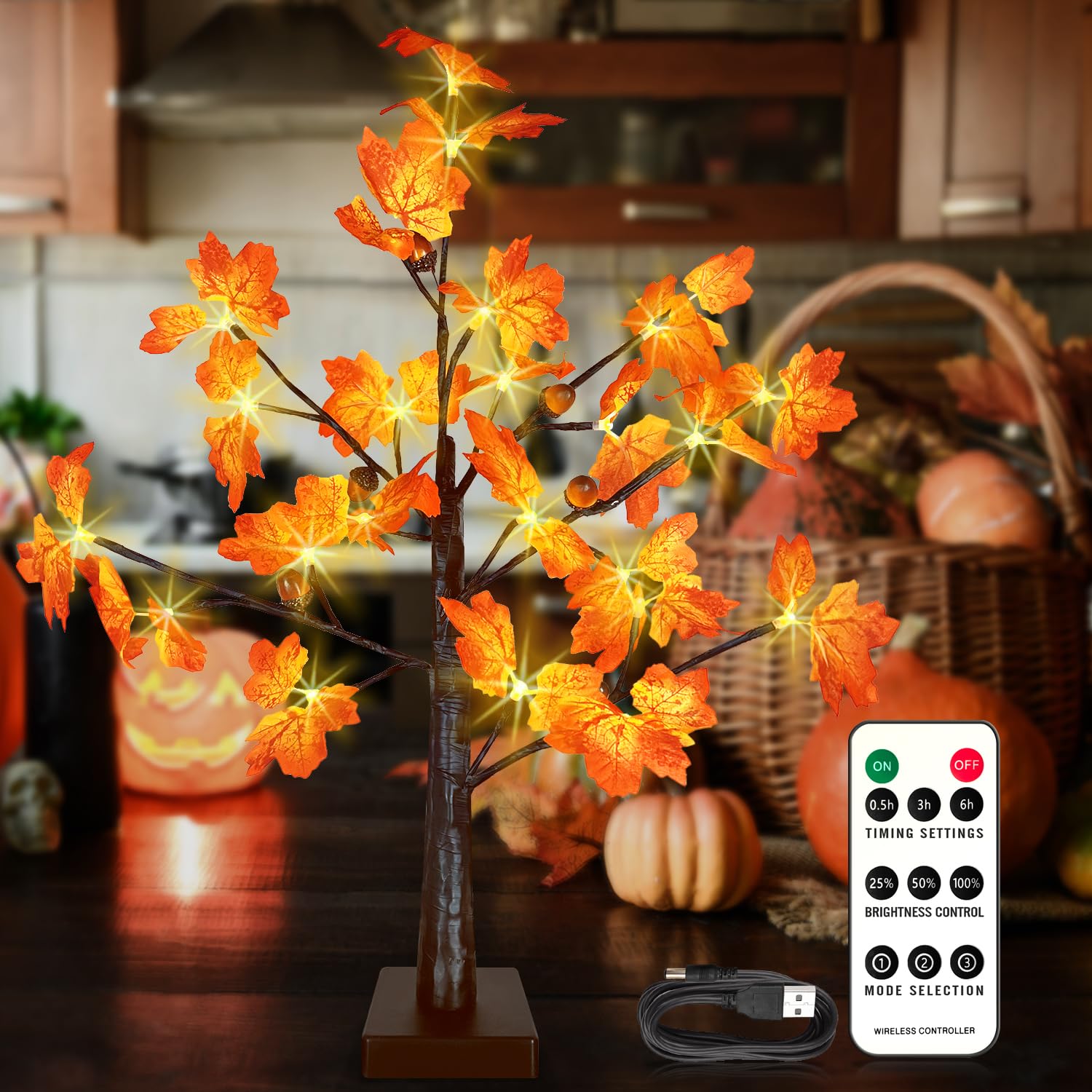 2FT LED Lighted Fall Tree with Dimmable Timer - Artificial Maple Tabletop Tree for Home Decor, Thanksgiving & Autumn Season - Perfect for Living Room, Porch, and Holiday Centerpiece Decorations