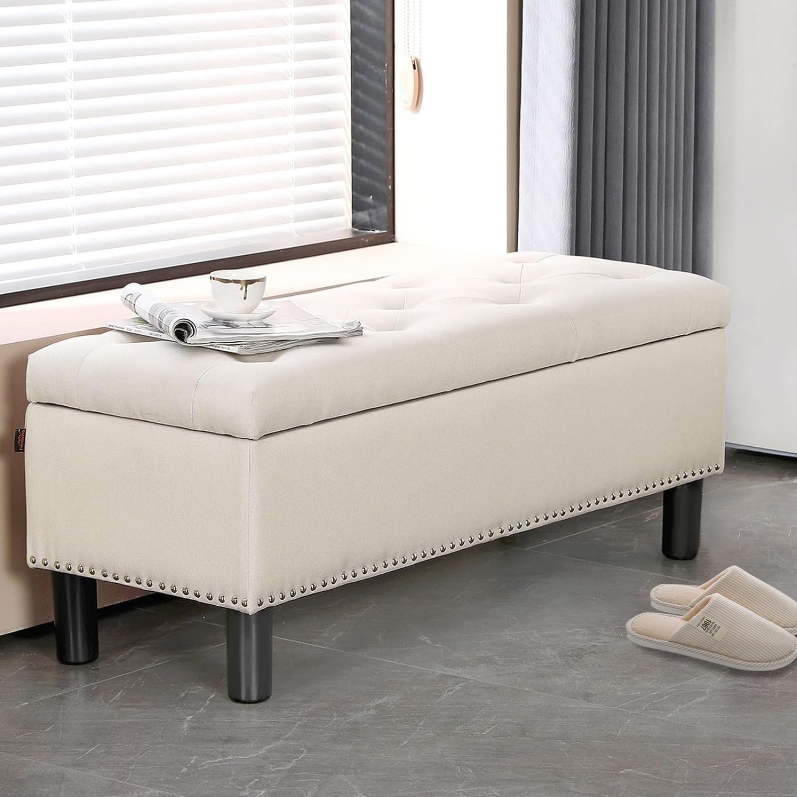 Furnimart 42.5 Inch Upholstered Storage Ottoman Bench with Flip Top - Tufted Linen Blanket Chest for Bedroom, Living Room & Entryway - Beige | Space-Saving Furniture for Small Spaces & Home Organization