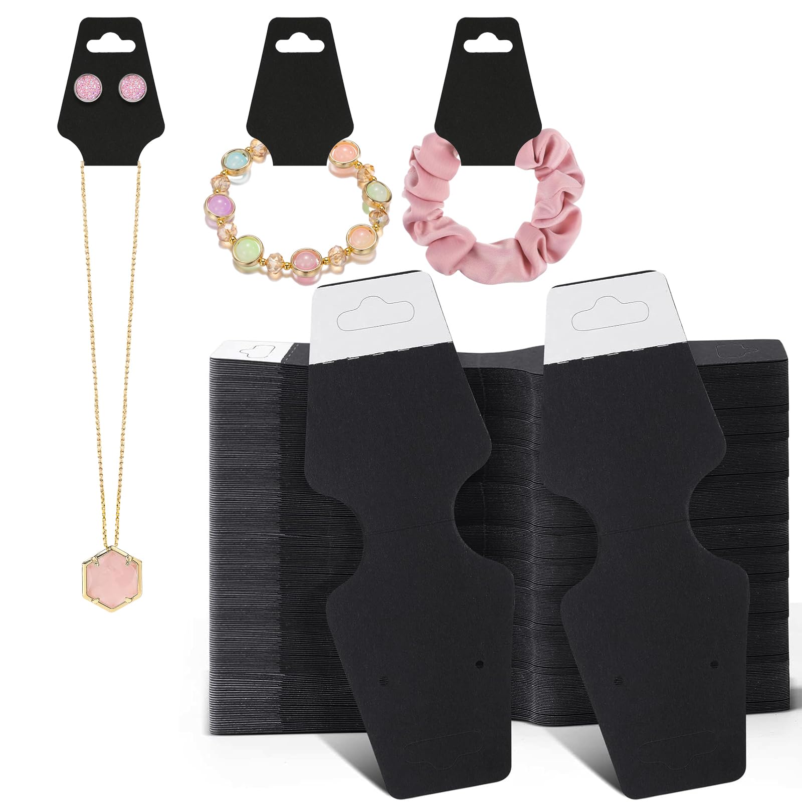 ZABARE 200 Pcs Jewelry Display Cards - Thick Adhesive Necklace, Bracelet & Keychain Holder Cards - Black Jewelry Showcase Cards for Retail Stores & Boutique Displays - Perfect for Jewelry Stores, Craft Shows & Trade Exhibitions