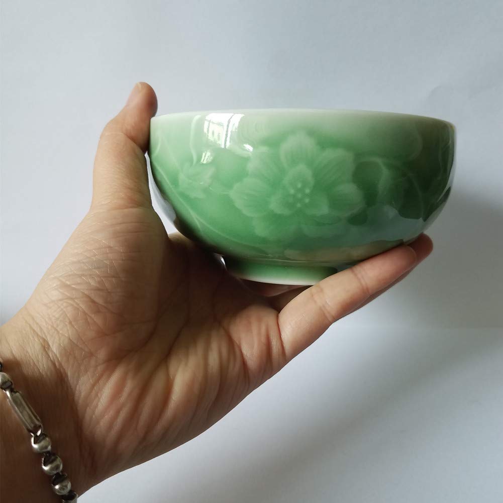 4.5 Inch Chinese Porcelain Rice Bowl with Hand-Painted Peony Design - Light Green Asian Dinnerware for Home Dining & Restaurant Use