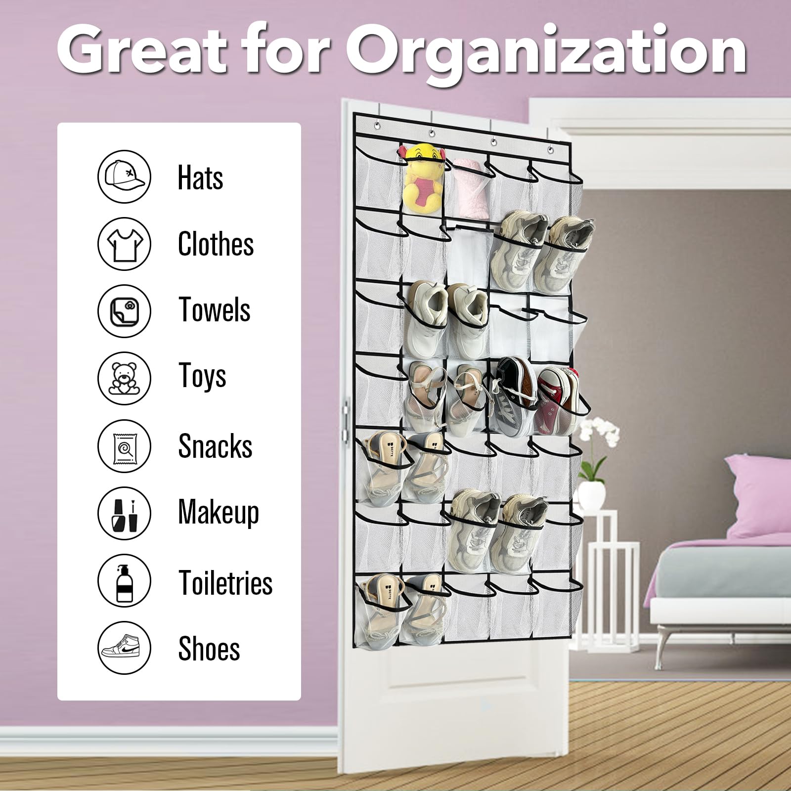 35-Pocket Over The Door Shoe Organizer - Heavy Duty Oxford Fabric Hanging Shoe Rack for Closet & Wall Storage - Mesh Shoe Holder for Men & Women (White) - Perfect for Small Spaces, Dorm Rooms & Apartment Organization