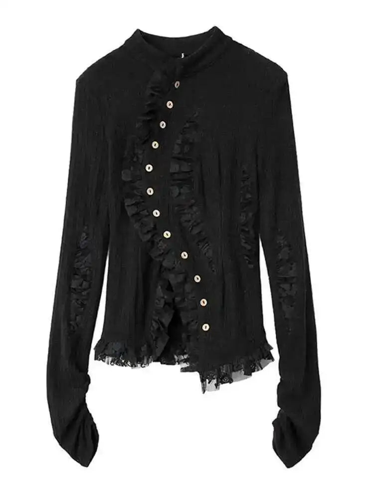Black Lace Irregular Knit Cardigan for Women - Long Sleeve Stand Collar Chunky Sweater | 2025 Fall Fashion Trend | Perfect for Autumn Layering & Spring Outfits