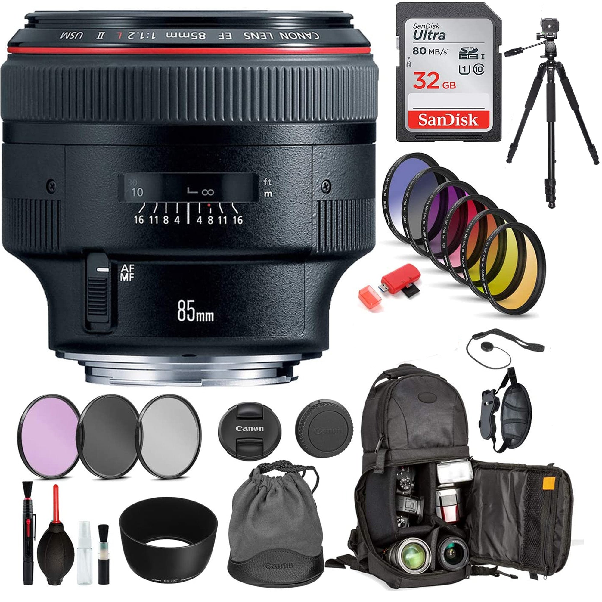 Canon EF 85mm f/1.2L II USM Lens with Sandisk 32GB Memory Card - Professional Portrait Photography Lens for DSLR Cameras - Perfect for Weddings, Studio Portraits and Low Light Shooting