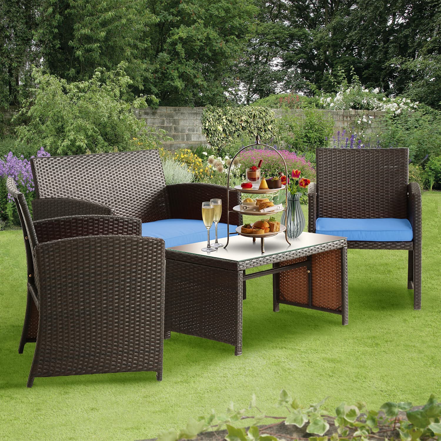 4-Piece Outdoor Patio Furniture Set with Cushions - Blue Balcony Chairs & Table for Garden, Porch, Backyard Relaxation & Entertaining