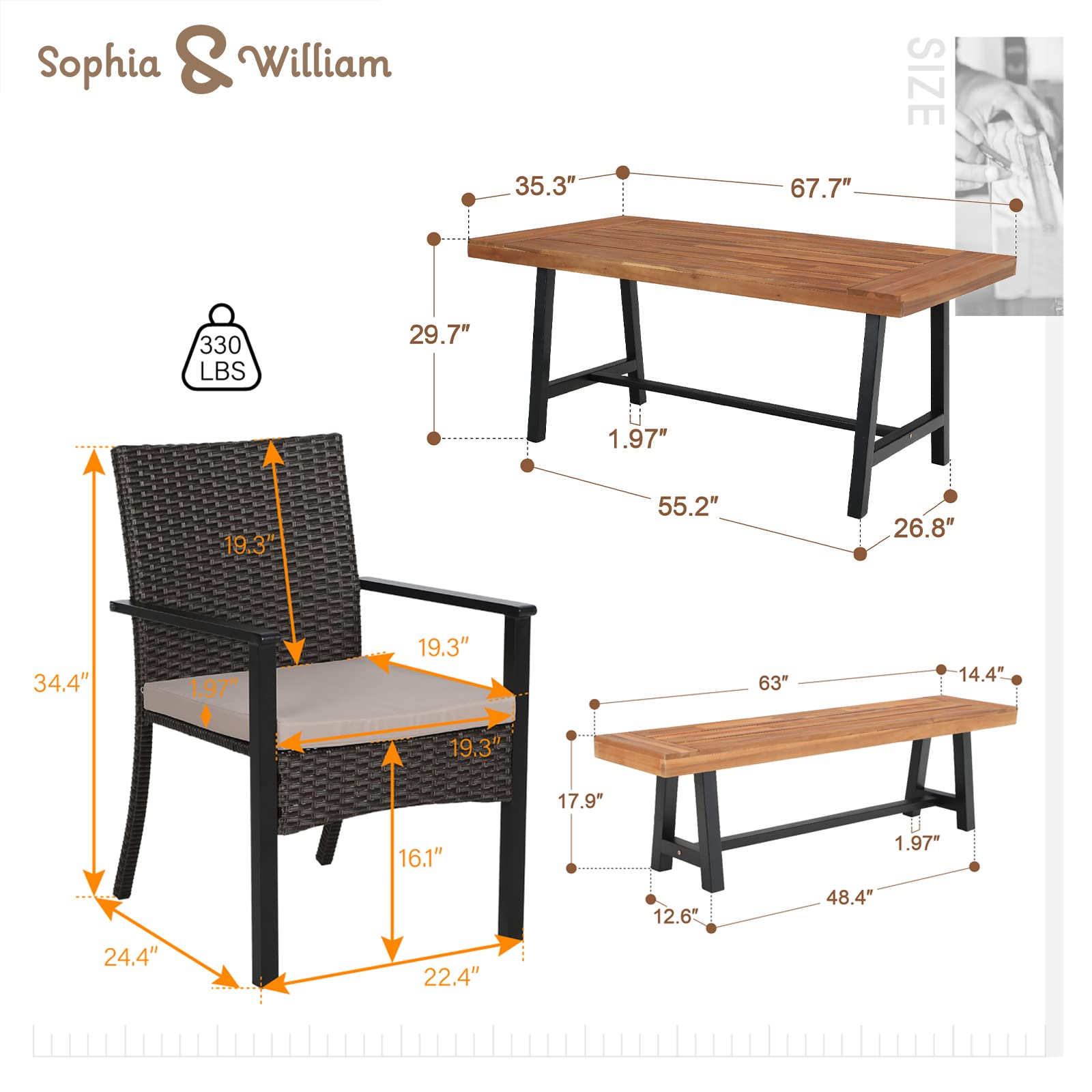 Sophia & William 6-Piece Outdoor Patio Dining Set - PE Rattan Chairs with Cushions, Acacia Wood Table & Bench - Modern Conversation Furniture for Porch, Balcony, Backyard - Perfect for Family Gatherings & Outdoor Entertaining