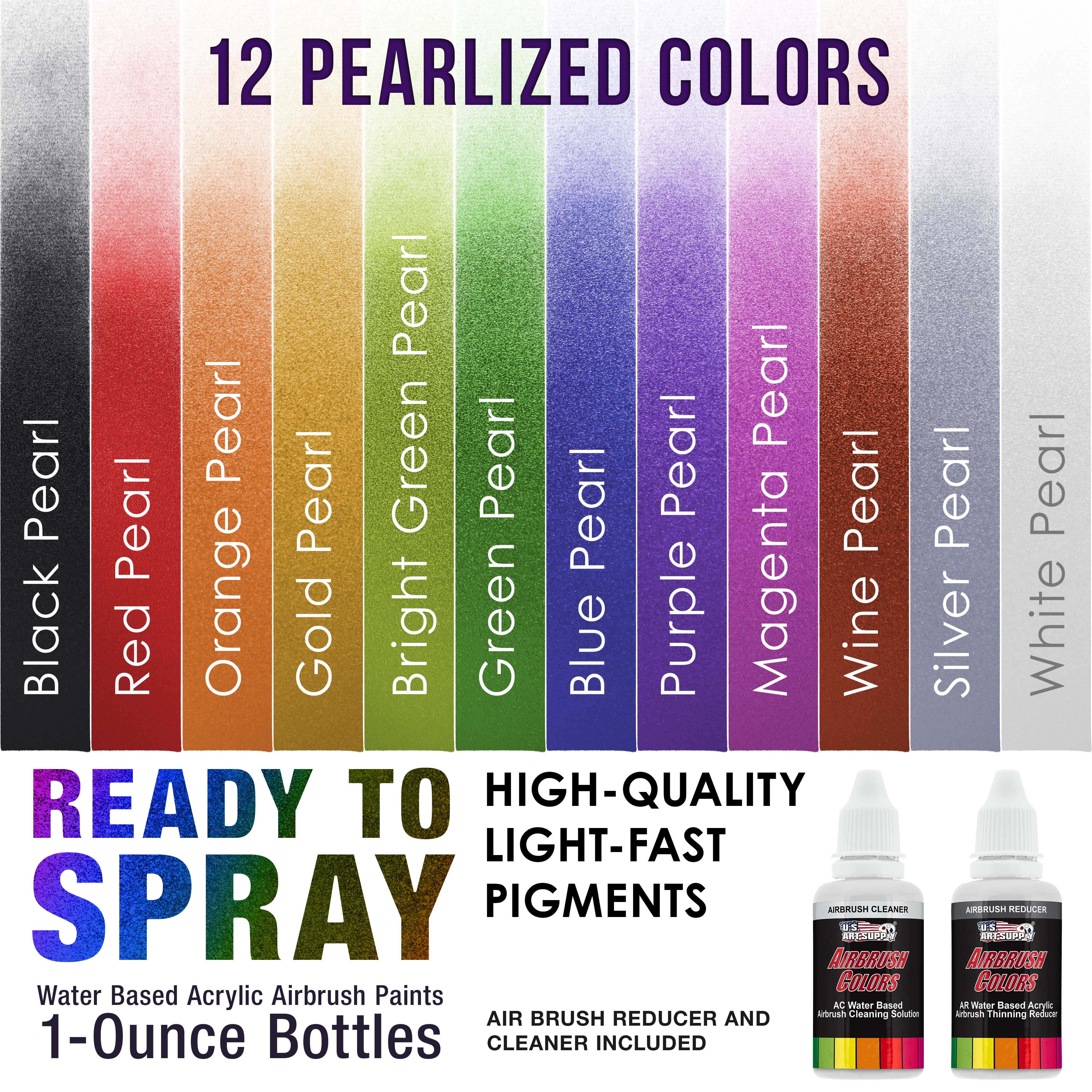 12-Color Pearlized Acrylic Airbrush Paint Set with Reducer & Cleaner - 1 oz Bottles for Model Painting, DIY Crafts & Automotive Art - Vibrant Pearl Colors for Artists & Hobbyists