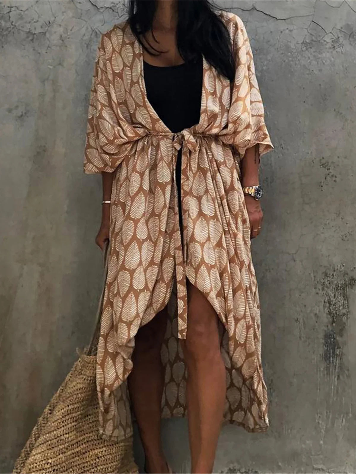 7 Colors Leaf Print Belted Half Sleeve Tunic Beach Cover Up Dress for Women - Perfect for Poolside, Vacation & Summer Outfits (Style V4511)