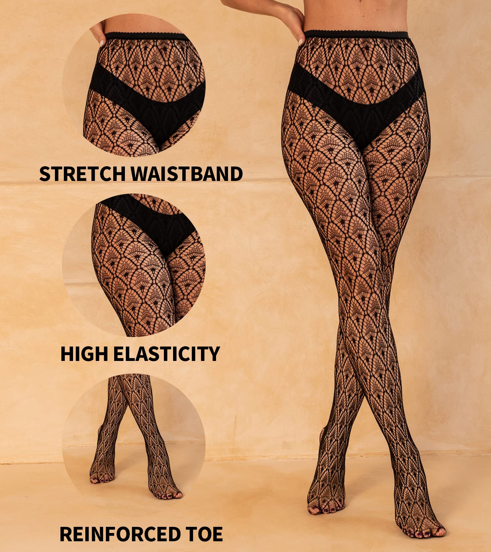 Panda Bros Black Lace Fishnet Thigh High Stockings for Women - Sexy Pantyhose Tights with Elegant Pattern, Perfect for Parties, Cosplay & Night Out