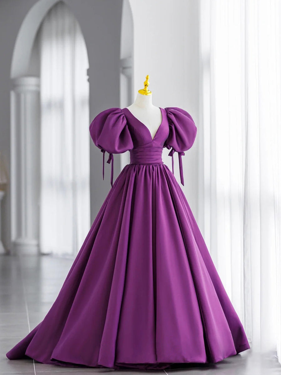 Elegant V-Neck Puffy Sleeves Satin Long Prom Dress | Formal Evening Gown for Women | Perfect for Homecoming, Ball, and Special Occasions