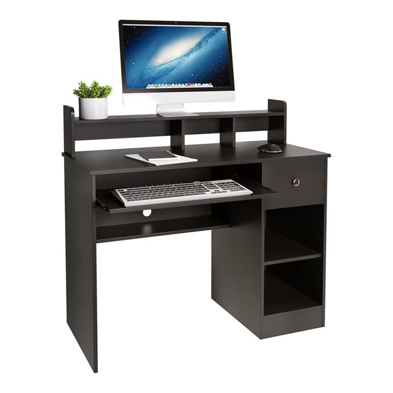 Crestlive Computer Desk with Keyboard Tray & Drawer - 2-Tier Wooden Home Office Desk for Small Spaces, Floating Organizer, Mission Style Writing Desk (Black) - Perfect for Apartments, Dorm Rooms & Home Office Workspaces