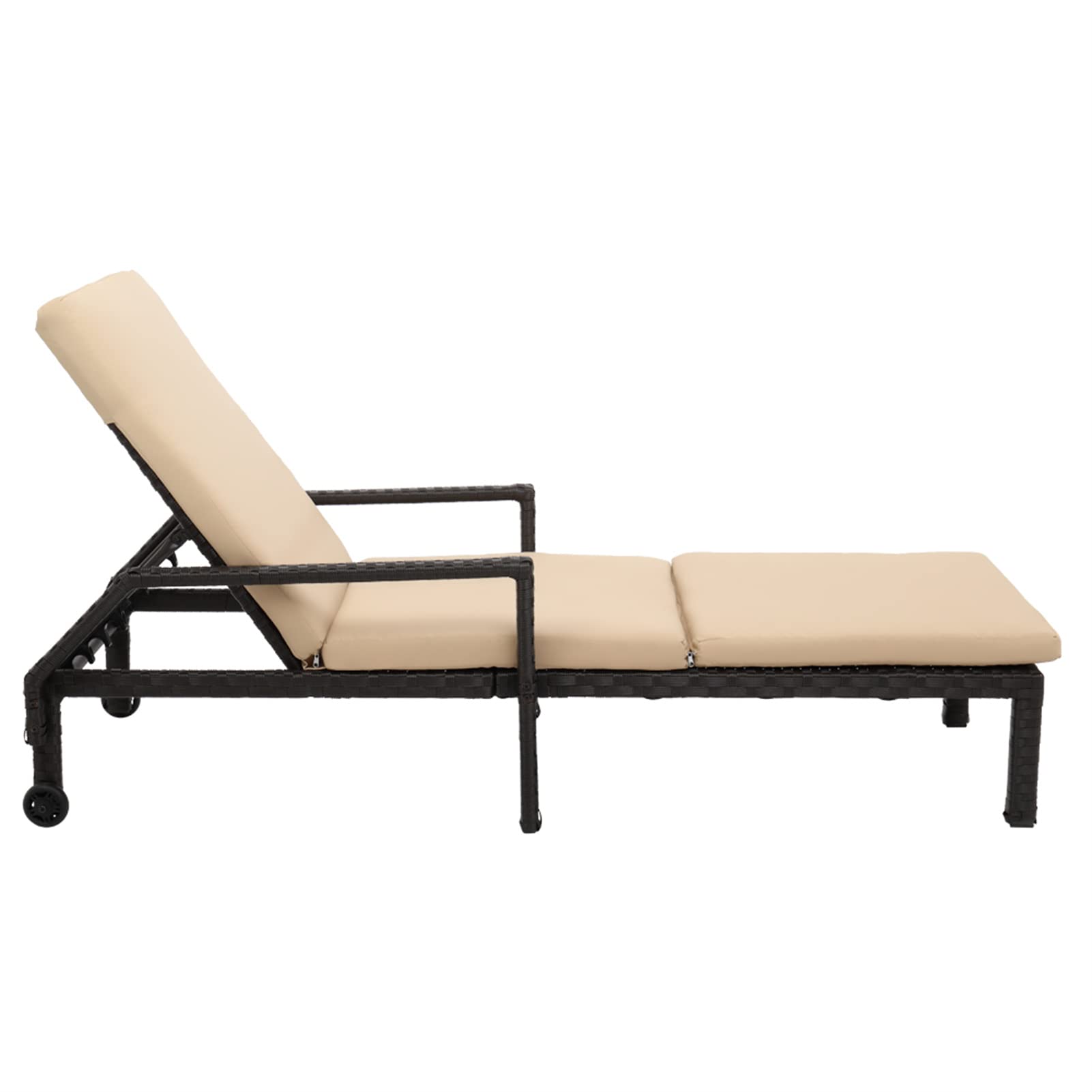 Adjustable Folding Reclining Patio Chaise Lounge Chair with Wheels - Outdoor Poolside Lounge Bed for Backyard, Beach & Garden Relaxation - Durable Brown Wide Film Design