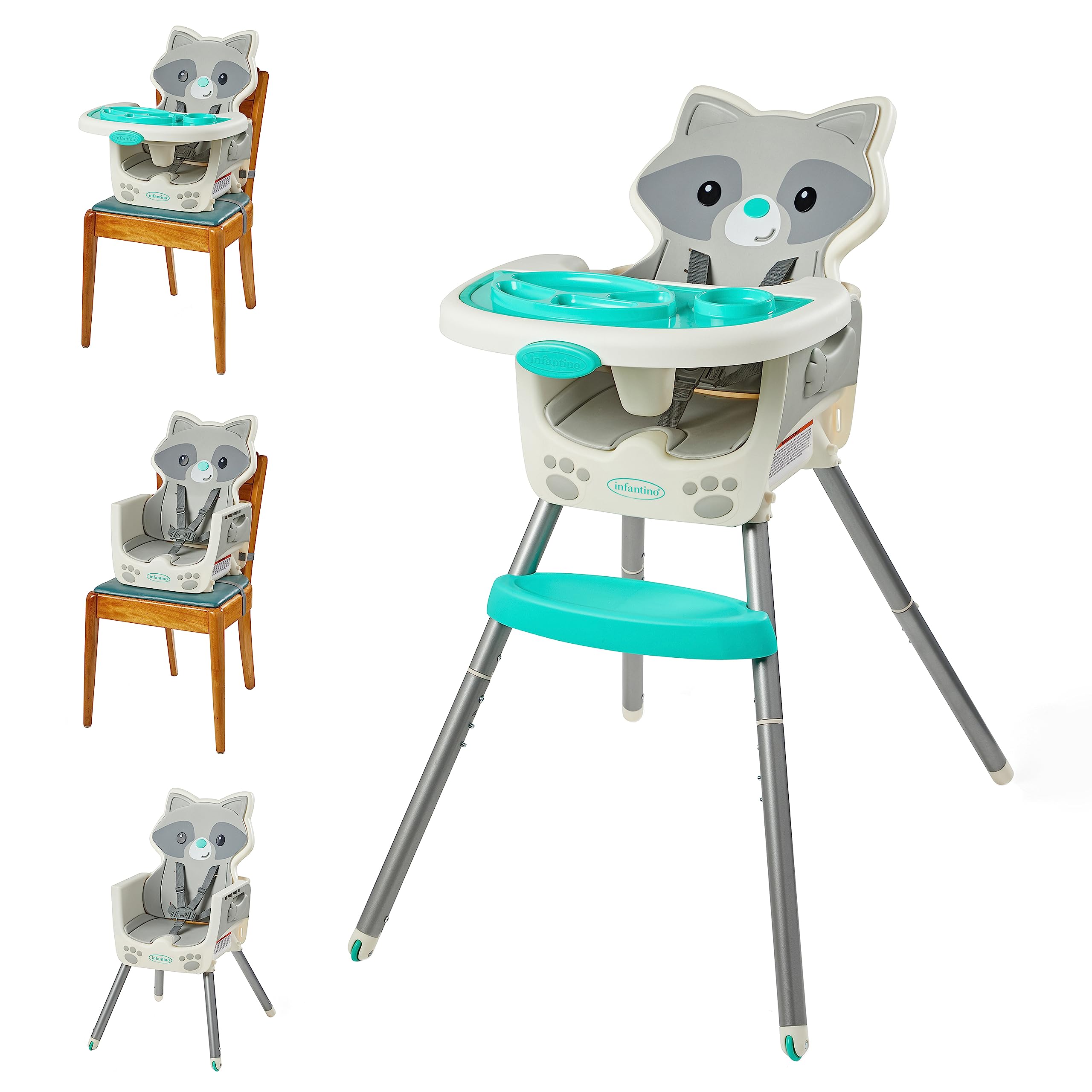 Infantino Grow-with-Me 4-in-1 Convertible High Chair with Raccoon Theme | Space-Saving Baby Booster & Toddler Chair | Adjustable for Infants 3-36 Months | Perfect for Dining, Playtime & Learning | Multicolor
