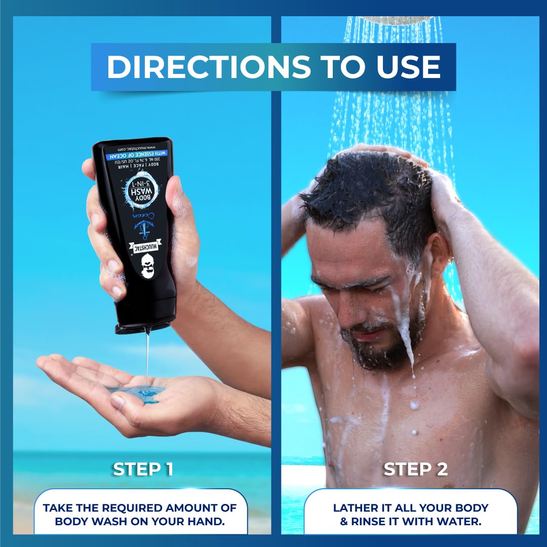 Muuchstac Ocean 3-in-1 Men's Body Wash - Clears Skin, Controls Sweat, Fights Body Acne & Odor | Long-Lasting Freshness Shower Gel (182ml) | Perfect for Gym, Travel & Daily Shower Routine