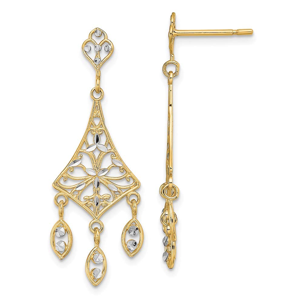 14K White & Yellow Gold Two-Tone Chandelier Triangle Drop Earrings with Intricate Filigree Design - Elegant Dangle Earrings for Parties, Weddings & Special Occasions