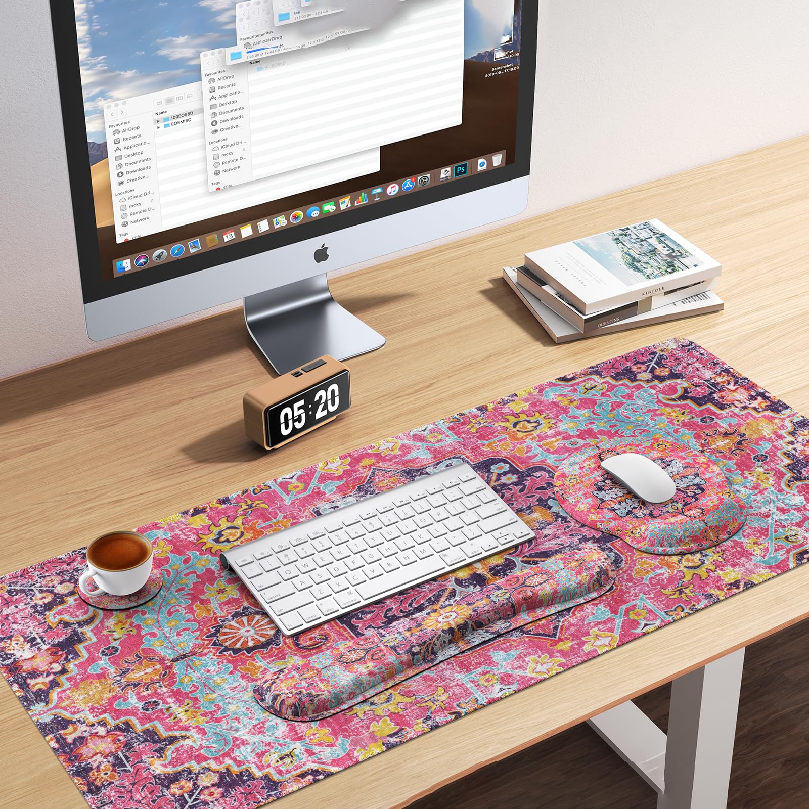 iLeadon 4-in-1 Boho Mouse Pad Set with Wrist Rest - Large Desk Mat, Keyboard Pad & Coaster - Ergonomic Computer Accessories for Home Office - Fuchsia Rug Design (Perfect for Workstations, Gaming & Productivity)