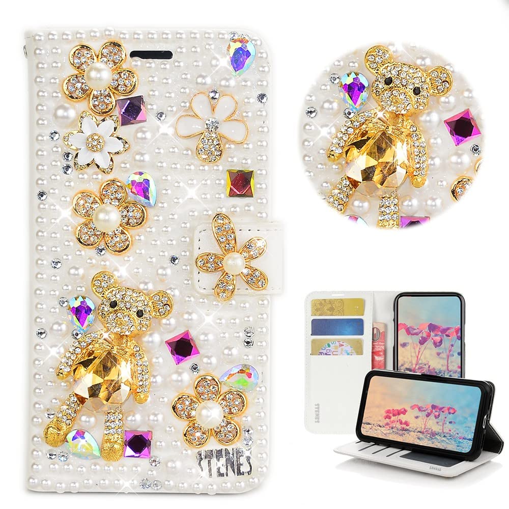 STENES Bling Wallet Case for Moto Edge 5G - Floral Bear Glitter Magnetic Cover - White | Perfect for Daily Use & Travel