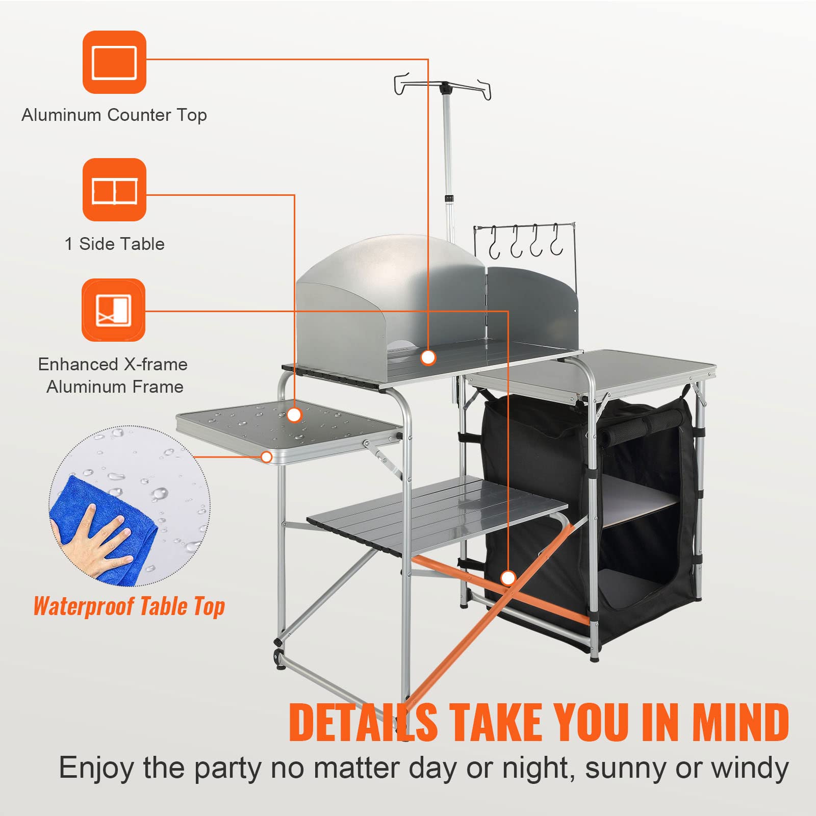 VEVOR Aluminum Portable Camping Kitchen Table - Foldable Outdoor Cook Station with Windscreen, Storage Organizer & Carrying Bag - Perfect for Camping, Picnics, Beach BBQs, RV Travel & Outdoor Adventures