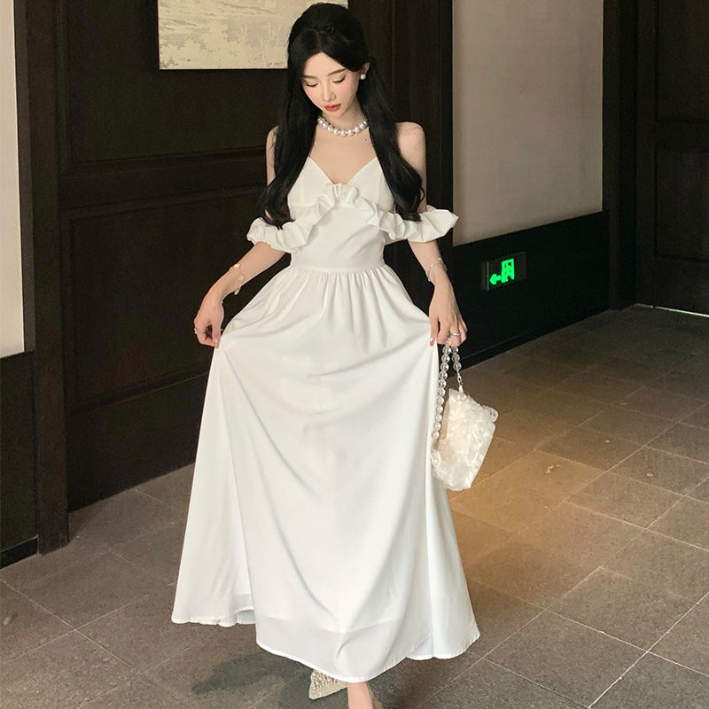 Elegant Fairy White Spaghetti Strap Summer Dress - V-Neck Long Flowy Maxi Dress for Women | Perfect for Beach Vacations, Date Nights & Summer Weddings