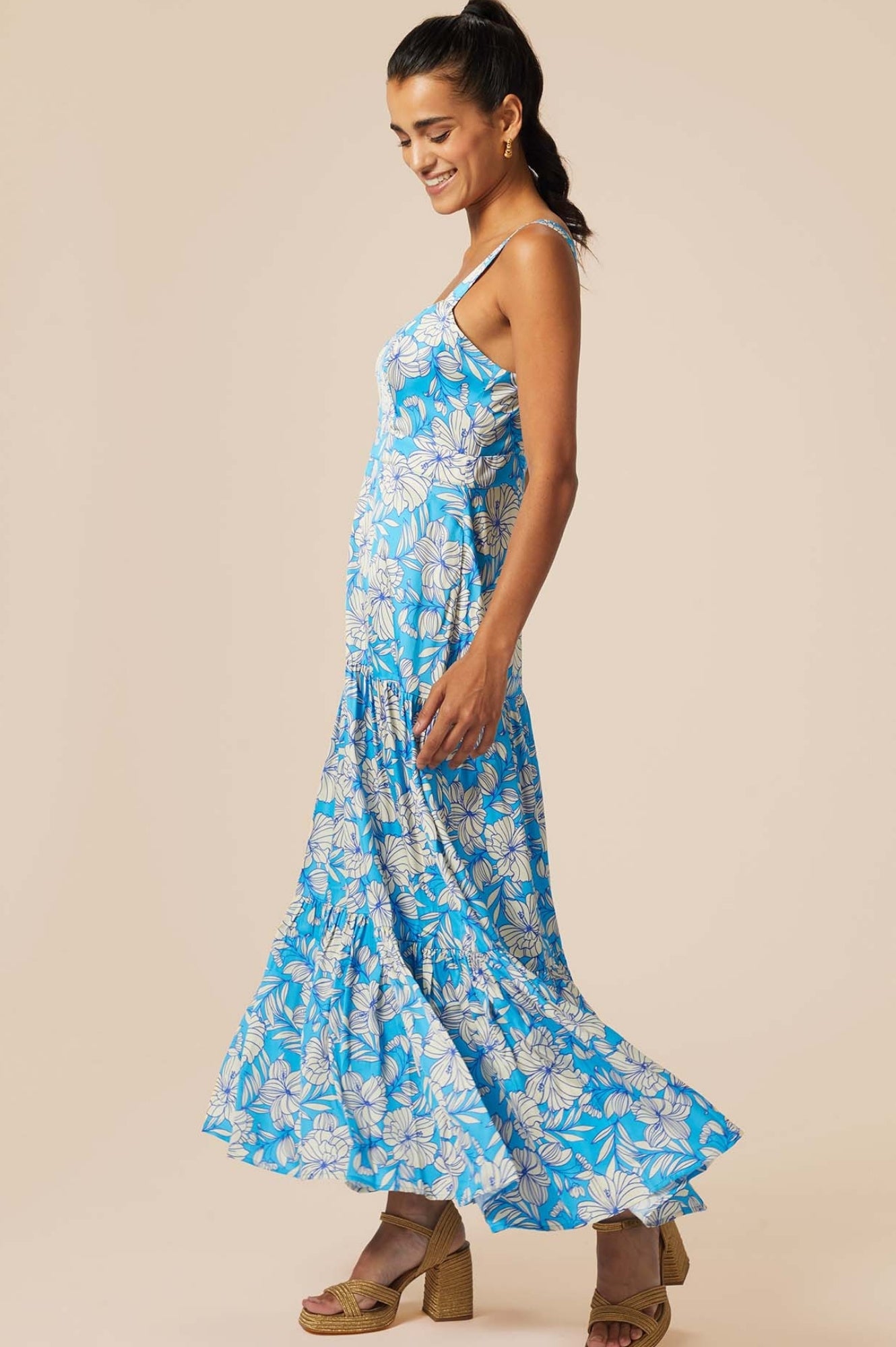 Aurelia Satin Floral Dress - Lined Turquoise and Cream Midi Dress for Women | Perfect for Weddings, Parties & Special Occasions