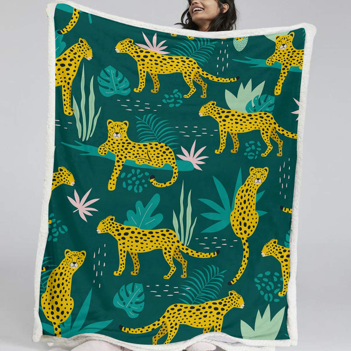 BlessLiving Leopard Print Soft Blanket - Green Tropical Palm Leaves Sherpa Plush Fleece Throw (50