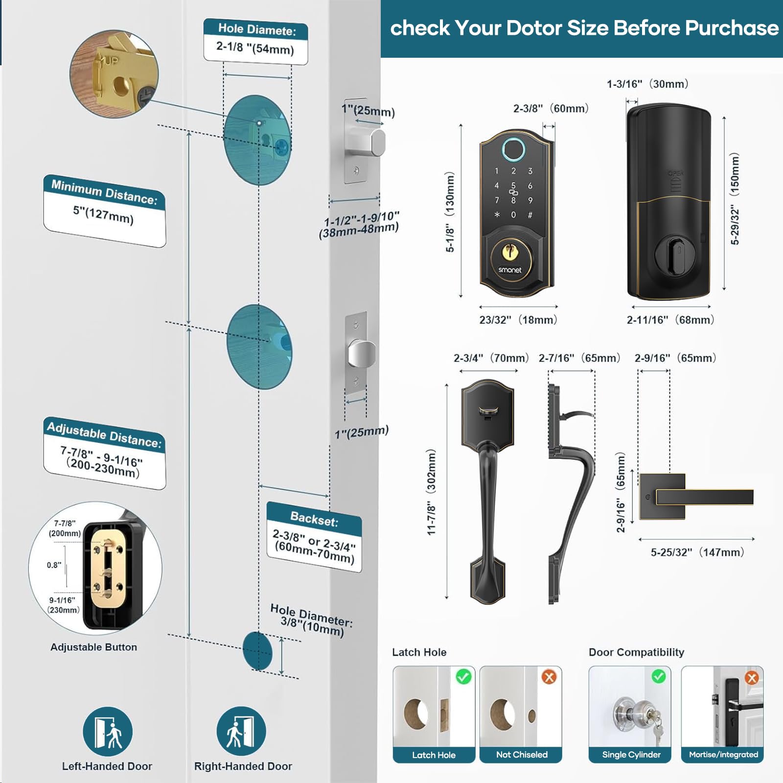 SMONET Smart Door Lock with Handle Set - Keyless Entry, Fingerprint, Keypad & Bluetooth - Works with Alexa - Secure Deadbolt Lockset for Rental Management & Smart Homes - Perfect for Front Doors, Apartments & Vacation Homes
