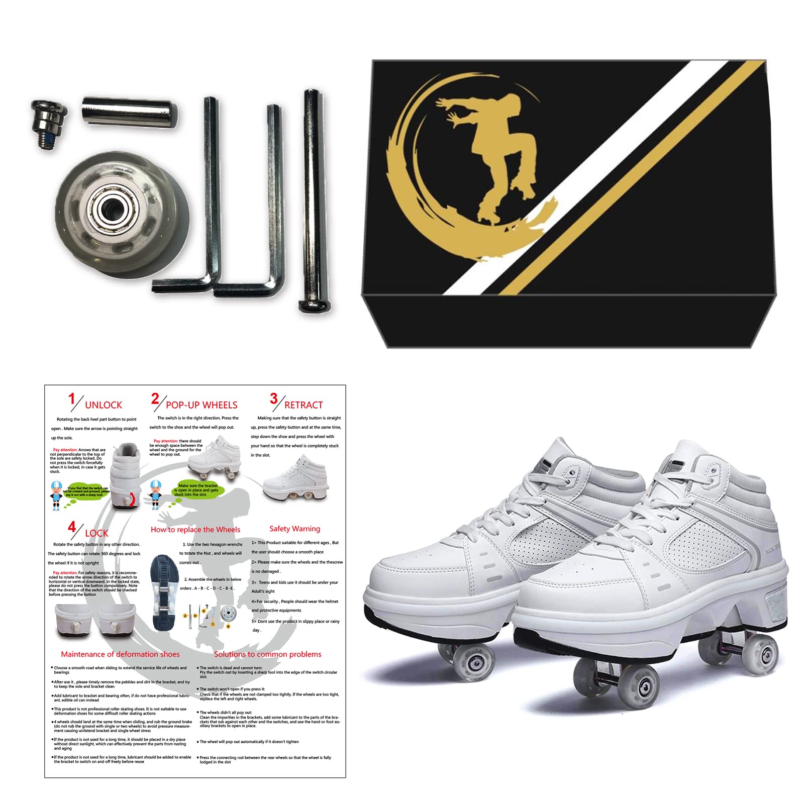 Women's & Kids' Convertible Roller Skate Shoes - 4-Wheel Sneakers That Transform into Roller Skates for Outdoor Fun | Perfect for Girls & Boys | Great for Park, Rink & Street Skating